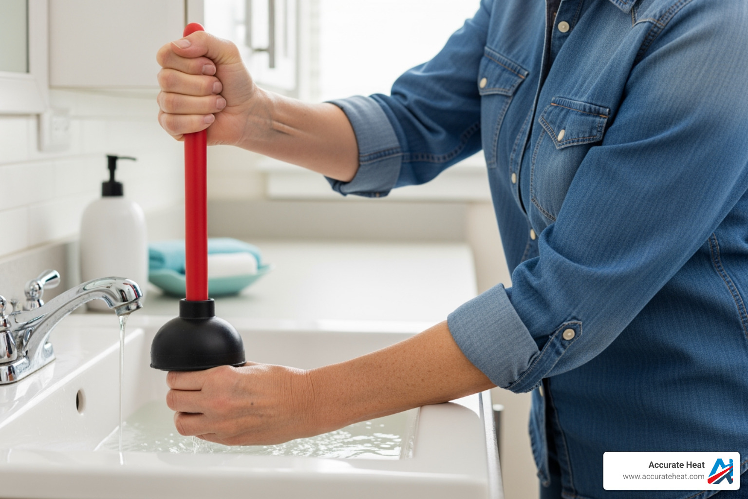 homeowner using a plunger on a clogged sink - residential plumbing solutions homeowner using a plunger on a clogged sink - residential plumbing solutions