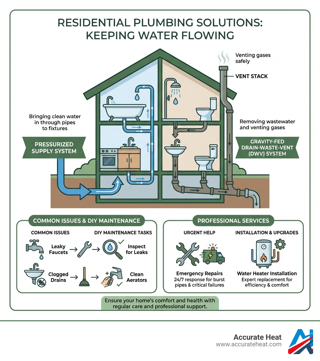 Infographic showing residential plumbing solutions including the two main systems (pressurized supply system bringing clean water in through pipes to fixtures, and gravity-fed drain-waste-vent system removing wastewater and venting gases), common issues like leaky faucets and clogged drains, DIY maintenance tasks such as inspecting for leaks and cleaning aerators, and professional services including emergency repairs and water heater installation - residential plumbing solutions infographic Infographic showing residential plumbing solutions including the two main systems (pressurized supply system bringing clean water in through pipes to fixtures, and gravity-fed drain-waste-vent system removing wastewater and venting gases), common issues like leaky faucets and clogged drains, DIY maintenance tasks such as inspecting for leaks and cleaning aerators, and professional services including emergency repairs and water heater installation - residential plumbing solutions infographic