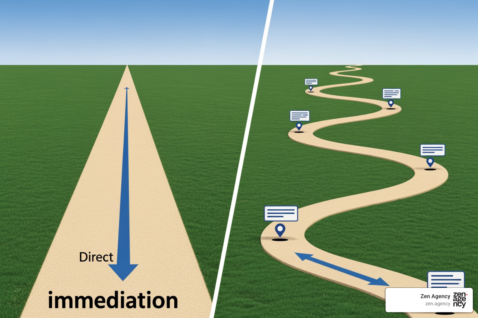 A visual metaphor depicting two distinct paths: one short and direct (B2C) and another longer, winding, and with multiple checkpoints (B2B), illustrating the difference in customer journeys - CRO for B2B websites A visual metaphor depicting two distinct paths: one short and direct (B2C) and another longer, winding, and with multiple checkpoints (B2B), illustrating the difference in customer journeys - CRO for B2B websites