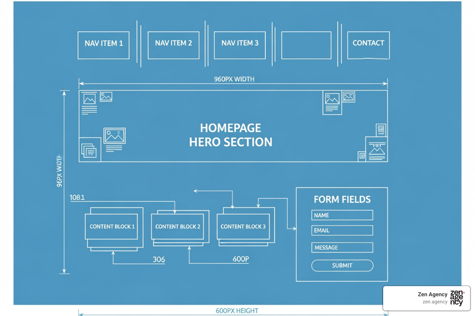 A blueprint illustration of a website highlighting key areas such as a prominent homepage section, clear navigation, and well-defined forms, symbolizing foundational elements for conversion optimization - CRO for B2B websites A blueprint illustration of a website highlighting key areas such as a prominent homepage section, clear navigation, and well-defined forms, symbolizing foundational elements for conversion optimization - CRO for B2B websites