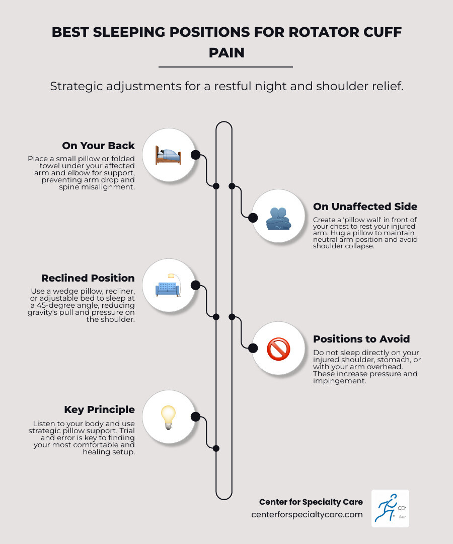 infographic showing three sleeping positions: back sleeper with pillow under affected arm, side sleeper on unaffected side with pillow wall supporting injured arm, and reclined position at 45 degrees with wedge pillow - rotator cuff pain sleeping position infographic infographic-line-5-steps-elegant_beige