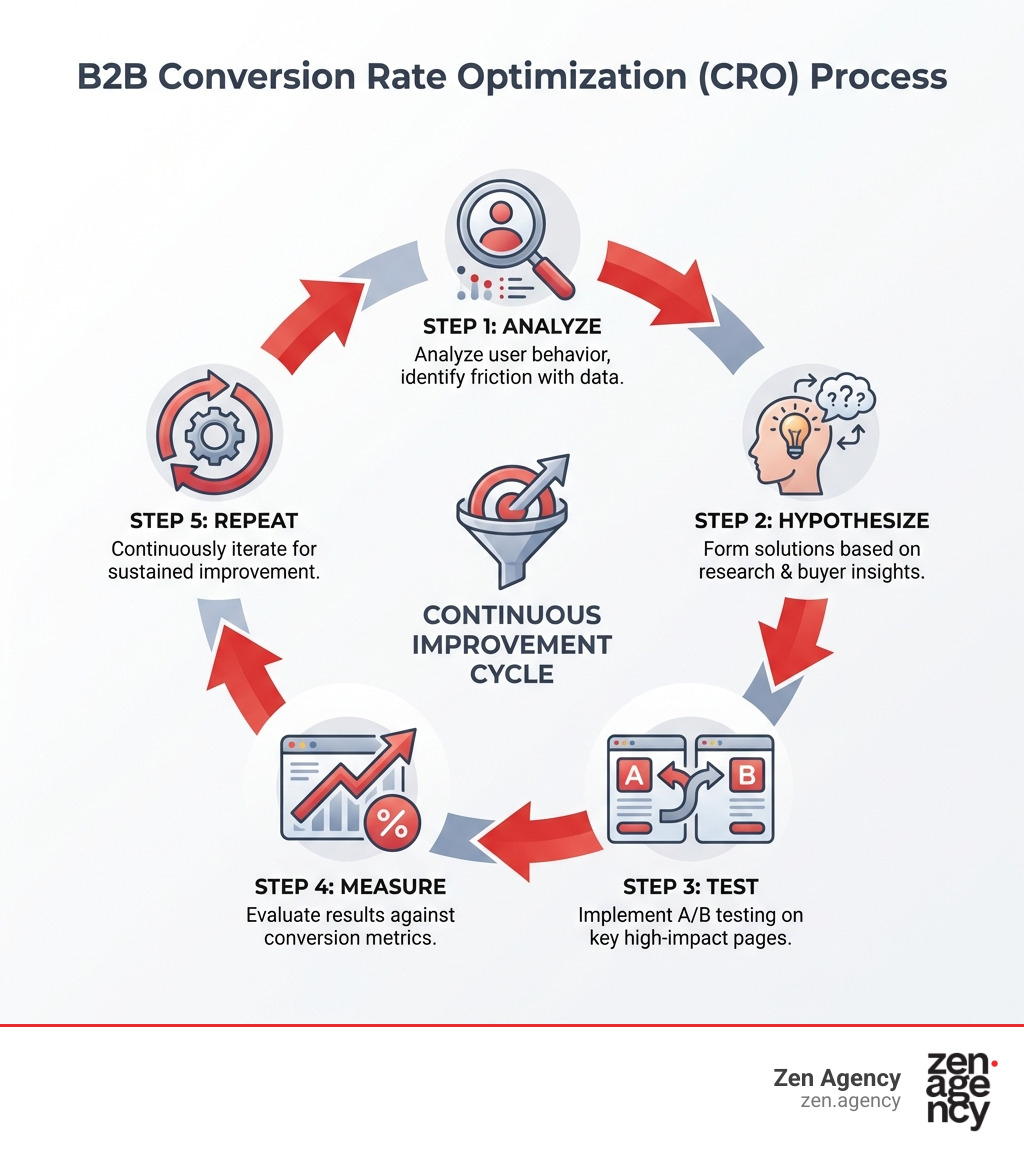 Infographic showing the B2B CRO process: Step 1 - Analyze user behavior and identify friction points using data; Step 2 - Hypothesize solutions based on research and buyer insights; Step 3 - Test changes through A/B testing on key pages; Step 4 - Measure results against conversion metrics; Step 5 - Repeat the cycle for continuous improvement - CRO for B2B websites infographic Infographic showing the B2B CRO process: Step 1 - Analyze user behavior and identify friction points using data; Step 2 - Hypothesize solutions based on research and buyer insights; Step 3 - Test changes through A/B testing on key pages; Step 4 - Measure results against conversion metrics; Step 5 - Repeat the cycle for continuous improvement - CRO for B2B websites infographic