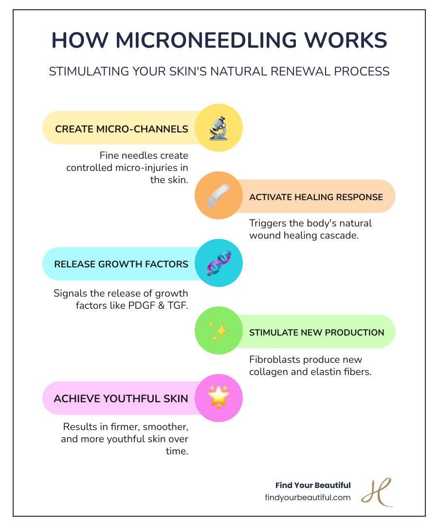Infographic showing the microneedling process: fine needles create micro-channels in the skin, triggering natural wound healing cascade, releasing growth factors like platelet-derived growth factor and transforming growth factor, stimulating fibroblasts to produce new collagen and elastin fibers, resulting in firmer, smoother, more youthful skin over 3-6 months - microneedling pain level infographic infographic-line-5-steps-colors
