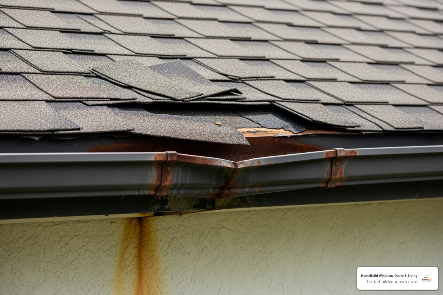 cracked shingles and a sagging gutter section - gutter and roof repair near me