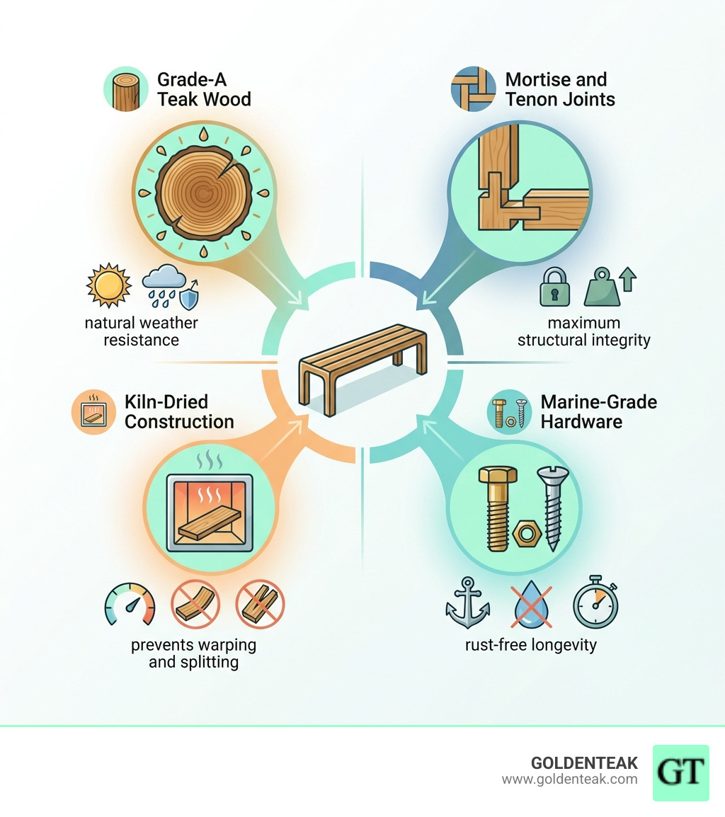 Infographic showing the 4 pillars of high quality teak benches: Grade-A Teak Wood (heartwood with high oil content and dense grain structure for natural weather resistance), Mortise and Tenon Joints (traditional interlocking joinery for maximum structural integrity), Kiln-Dried Construction (properly seasoned wood prevents warping and splitting), and Marine-Grade Hardware (solid brass or stainless steel fasteners ensure rust-free longevity) - high quality teak benches infographic 
