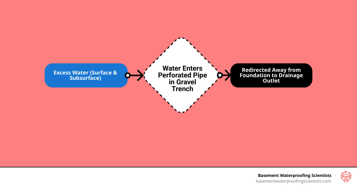 Infographic showing the basic components of a French drain system: a sloped trench lined with landscape fabric, filled with gravel, containing a perforated pipe that directs water away from the foundation to a drainage outlet, with arrows indicating water flow direction - installing a french drain system infographic flowmap_simple Infographic showing the basic components of a French drain system: a sloped trench lined with landscape fabric, filled with gravel, containing a perforated pipe that directs water away from the foundation to a drainage outlet, with arrows indicating water flow direction - installing a french drain system infographic flowmap_simple