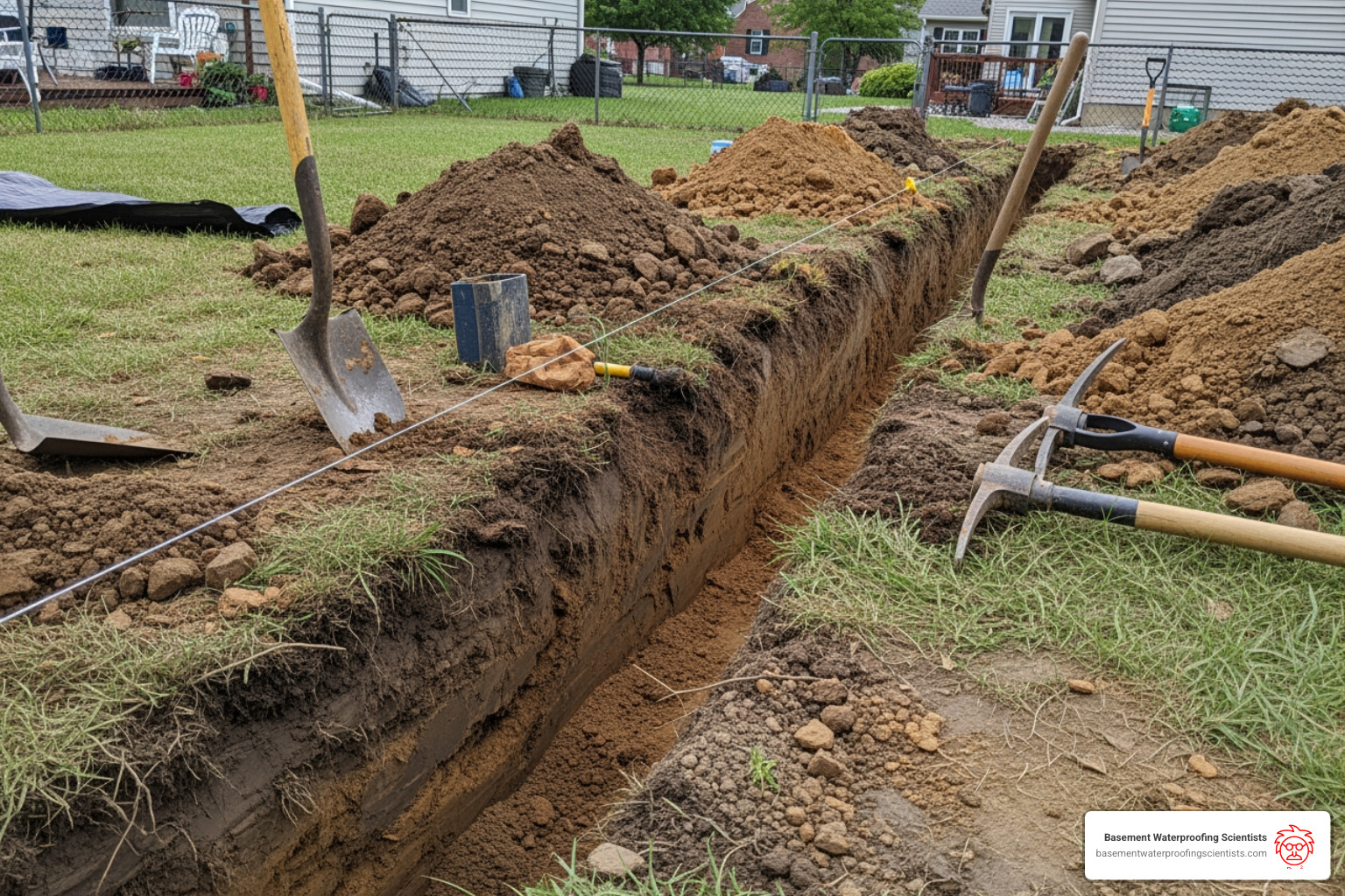 Trench being dug for a French drain with a string line to show the slope - installing a french drain system Trench being dug for a French drain with a string line to show the slope - installing a french drain system