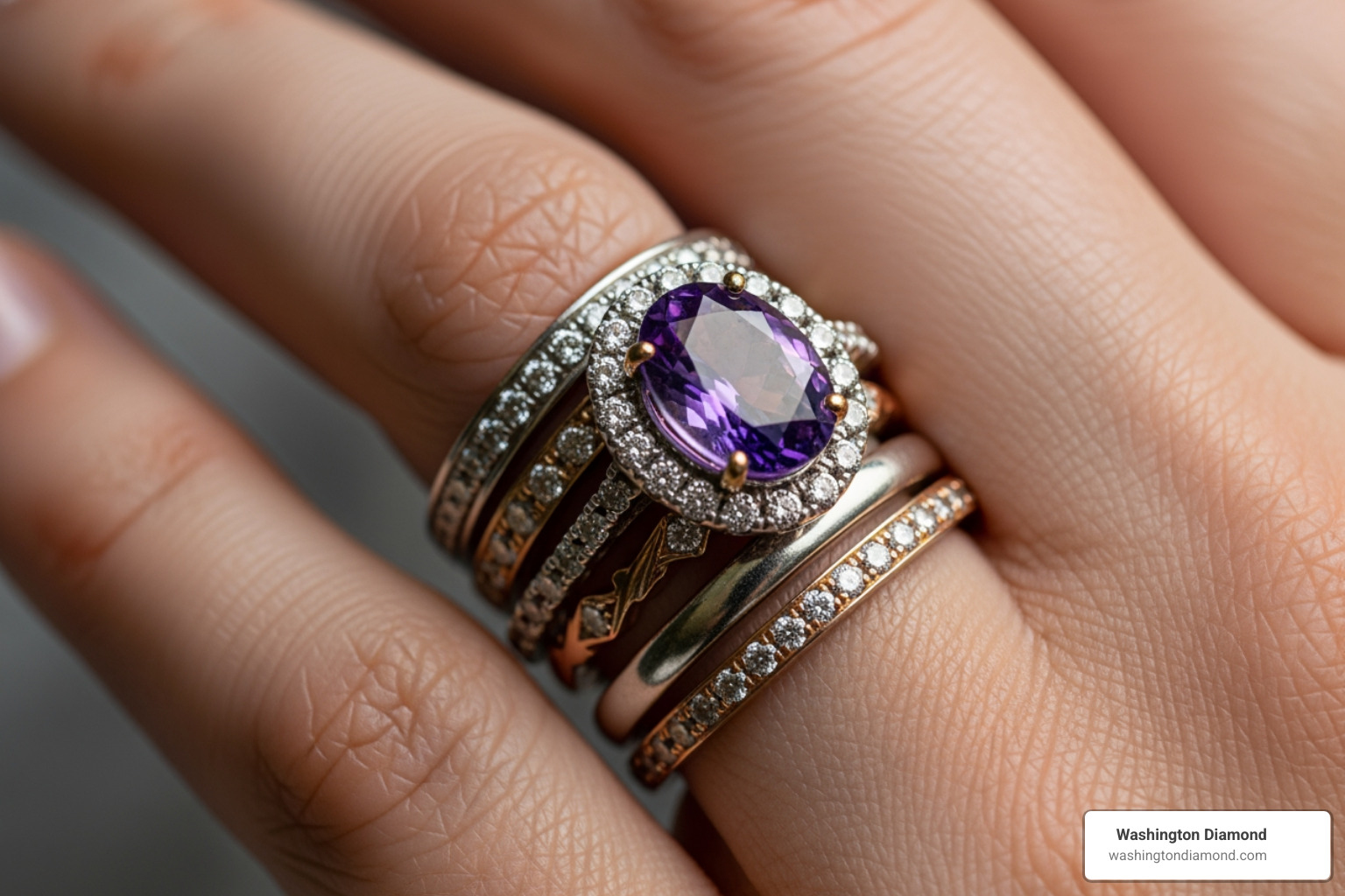 hand wearing a stack of rings including an amethyst and diamond band - amethyst anniversary band hand wearing a stack of rings including an amethyst and diamond band - amethyst anniversary band