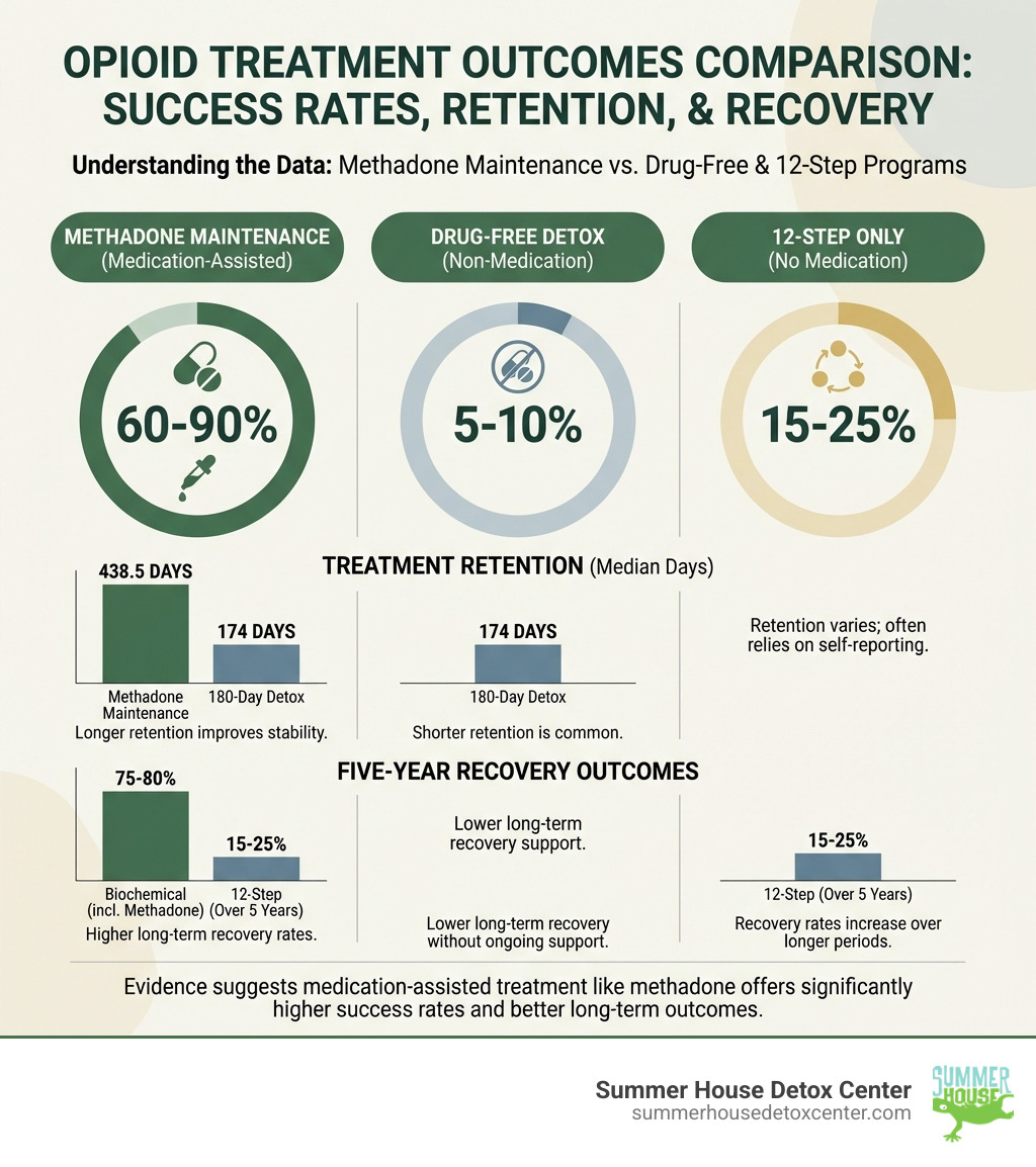 infographic showing comparison of methadone maintenance 60-90% success rate versus drug-free detox 5-10% success rate versus 12-step only programs 15-25% success rate, with treatment retention days and five-year recovery outcomes displayed in bar charts - methadone detox success rate infographic infographic showing comparison of methadone maintenance 60-90% success rate versus drug-free detox 5-10% success rate versus 12-step only programs 15-25% success rate, with treatment retention days and five-year recovery outcomes displayed in bar charts - methadone detox success rate infographic