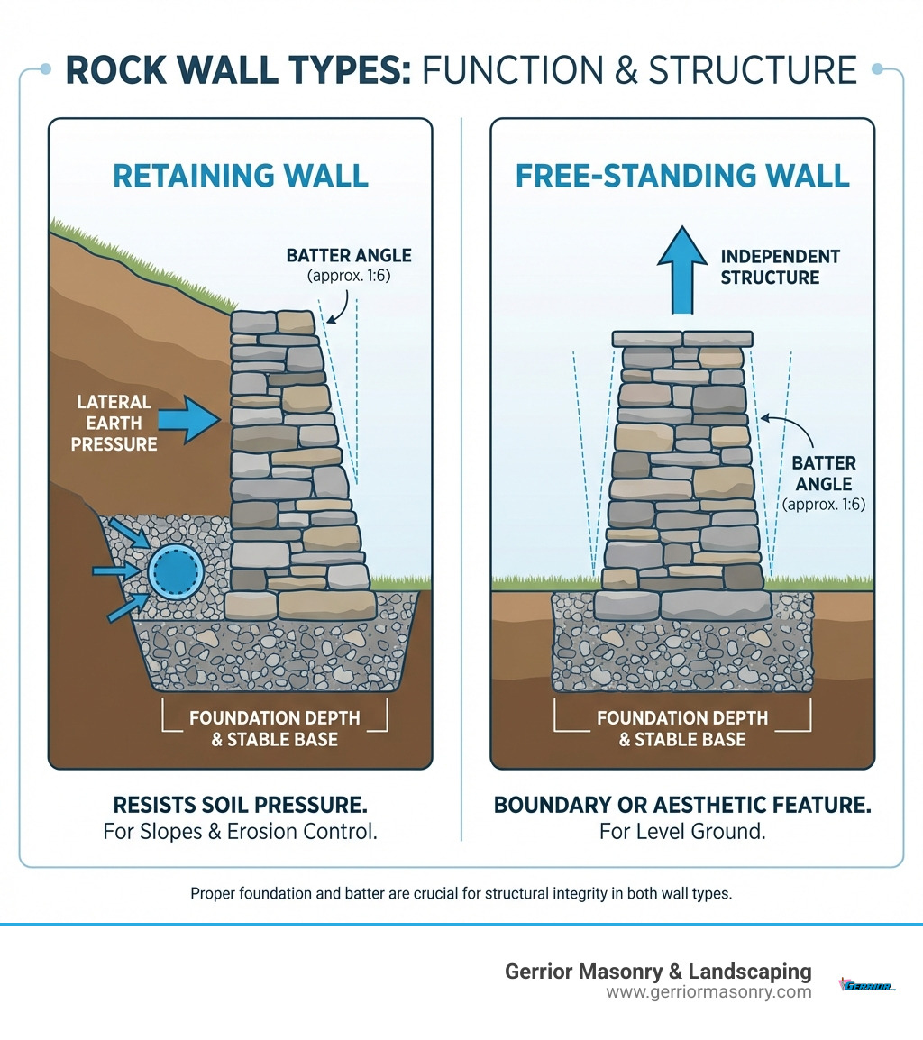 Infographic showing two side-by-side diagrams: Left side labeled "Retaining Wall" shows a wall holding back soil on a slope with drainage pipe and backfill, indicating it resists lateral earth pressure. Right side labeled "Free-Standing Wall" shows a decorative wall standing independently on level ground, indicating it serves as a boundary or aesthetic feature. Both show proper foundation depth and batter angle. - how to build a rock wall infographic 