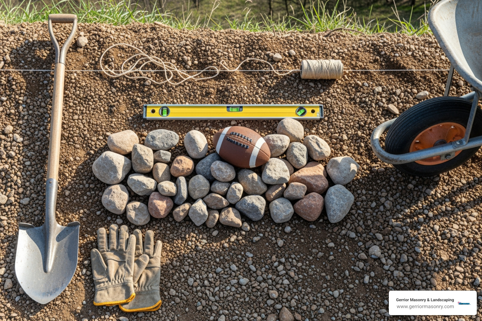 Tools and materials laid out for a rock wall project, including various stones, a shovel, level, gloves, string, and a wheelbarrow - how to build a rock wall