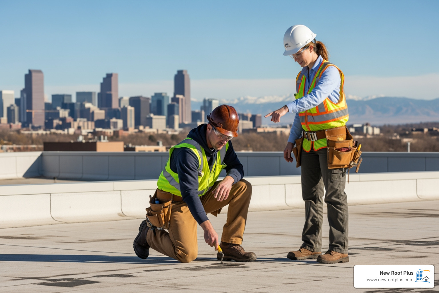 roofing professionals inspecting a large flat roof - commercial roofing denver colorado