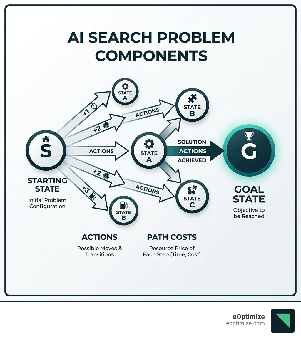 Infographic showing the four core components of an AI search problem: a starting state node, action arrows connecting to new state nodes, a highlighted goal state, and numerical path costs labeled on the arrows between states - AI search algorithm infographic 