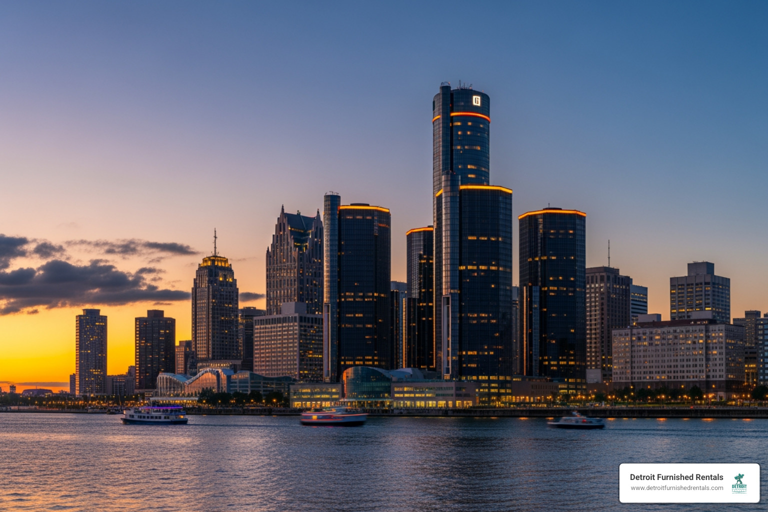 Detroit Skyline Dusk - furnished rentals Detroit MI