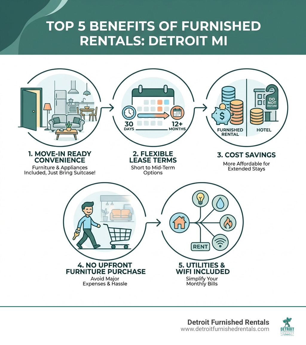 Infographic showing the top 5 benefits of furnished rentals: 1. Move-in ready convenience with all furniture and appliances included, 2. Flexible lease terms from 30 days to 12+ months, 3. Cost savings compared to hotels for extended stays, 4. No upfront furniture purchase required, 5. Utilities and WiFi often included in rent - furnished rentals Detroit MI infographic 