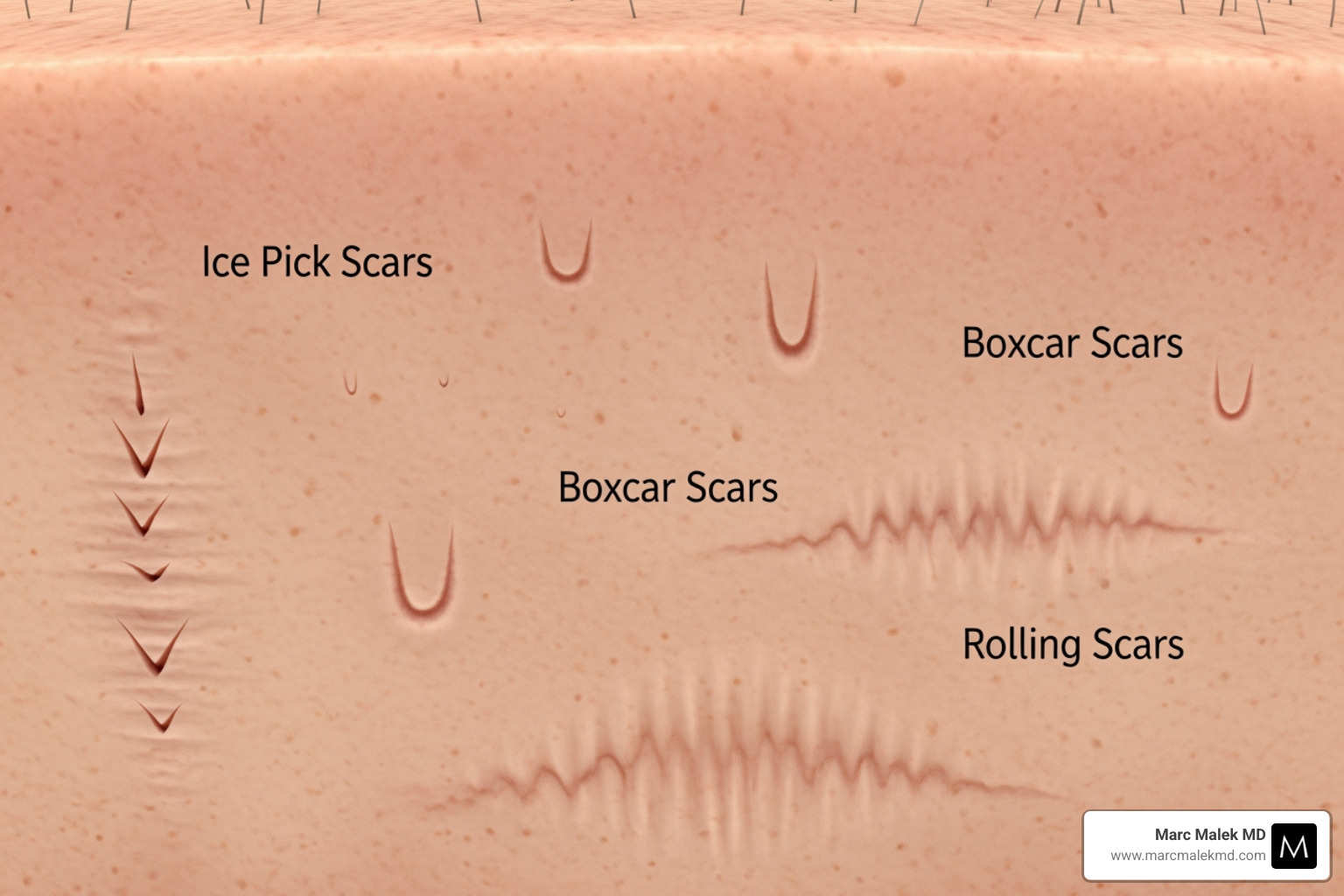 Image illustrating different types of atrophic scars (ice pick, boxcar, rolling) - dermaroller for scars Image illustrating different types of atrophic scars (ice pick, boxcar, rolling) - dermaroller for scars