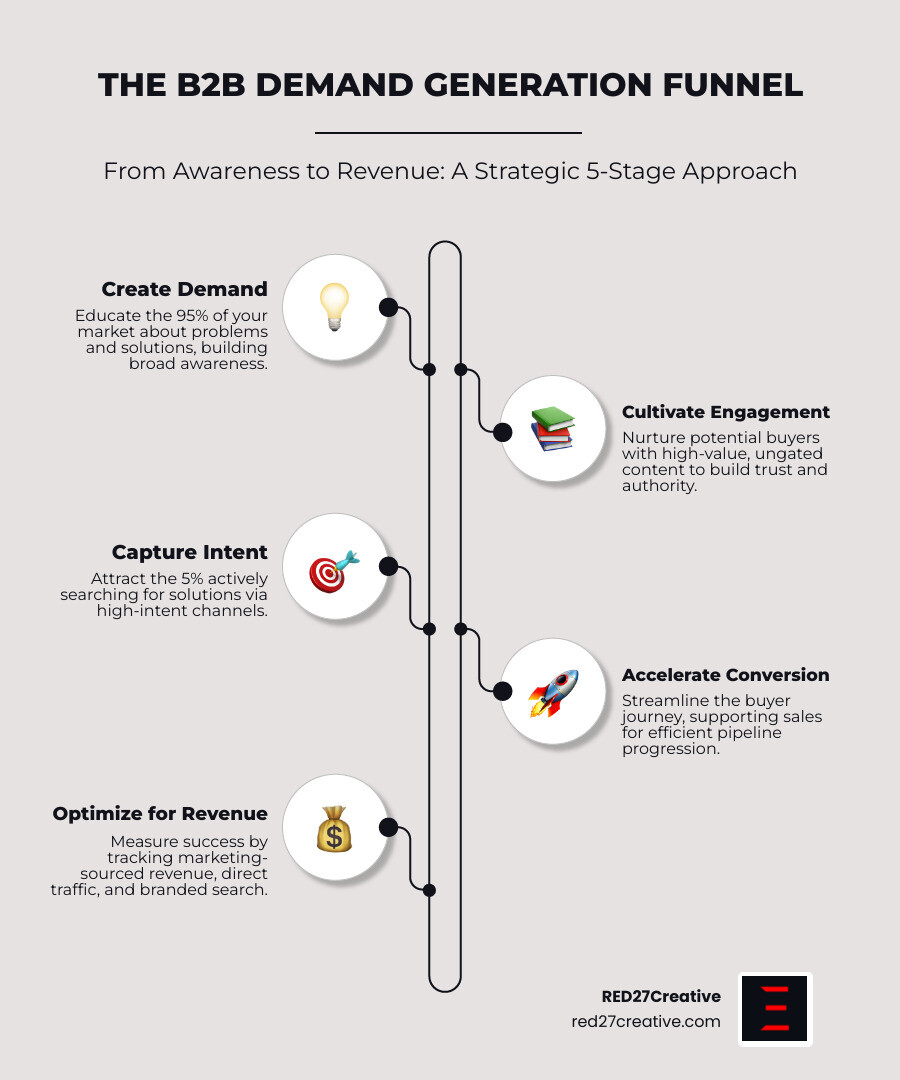 Infographic showing the demand generation funnel with three stages: Create Demand (95% of market, awareness and education), Capture Demand (5% of market, high-intent channels), and Convert Demand (pipeline acceleration and sales support). Includes metrics like branded search growth, direct traffic, and marketing-sourced revenue. - Demand generation for B2B infographic infographic-line-5-steps-elegant_beige Infographic showing the demand generation funnel with three stages: Create Demand (95% of market, awareness and education), Capture Demand (5% of market, high-intent channels), and Convert Demand (pipeline acceleration and sales support). Includes metrics like branded search growth, direct traffic, and marketing-sourced revenue. - Demand generation for B2B infographic infographic-line-5-steps-elegant_beige