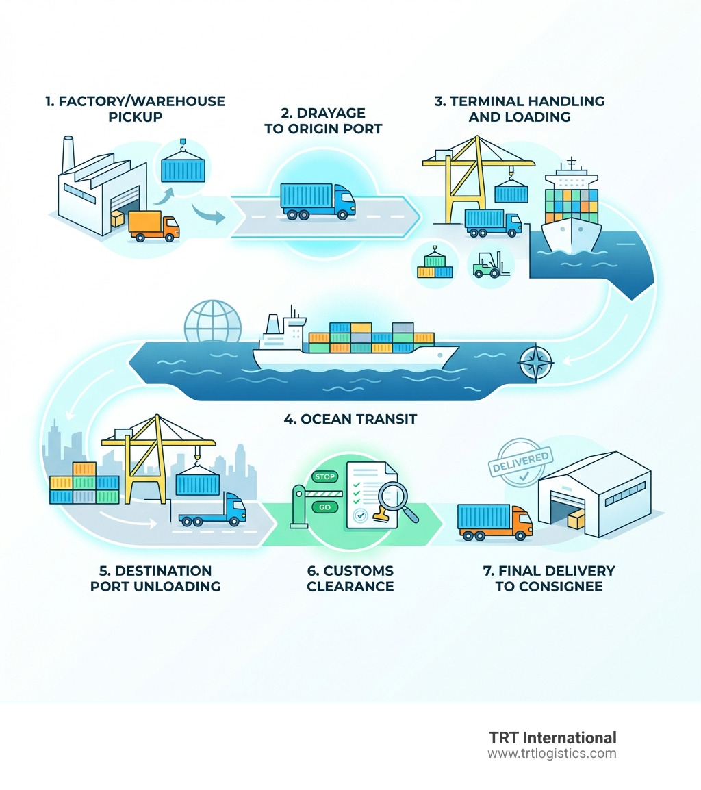 Infographic showing the ocean freight journey: Factory/warehouse pickup → Drayage to origin port → Terminal handling and loading → Ocean transit → Destination port unloading → Customs clearance → Final delivery to consignee - shipping large containers infographic Infographic showing the ocean freight journey: Factory/warehouse pickup → Drayage to origin port → Terminal handling and loading → Ocean transit → Destination port unloading → Customs clearance → Final delivery to consignee - shipping large containers infographic
