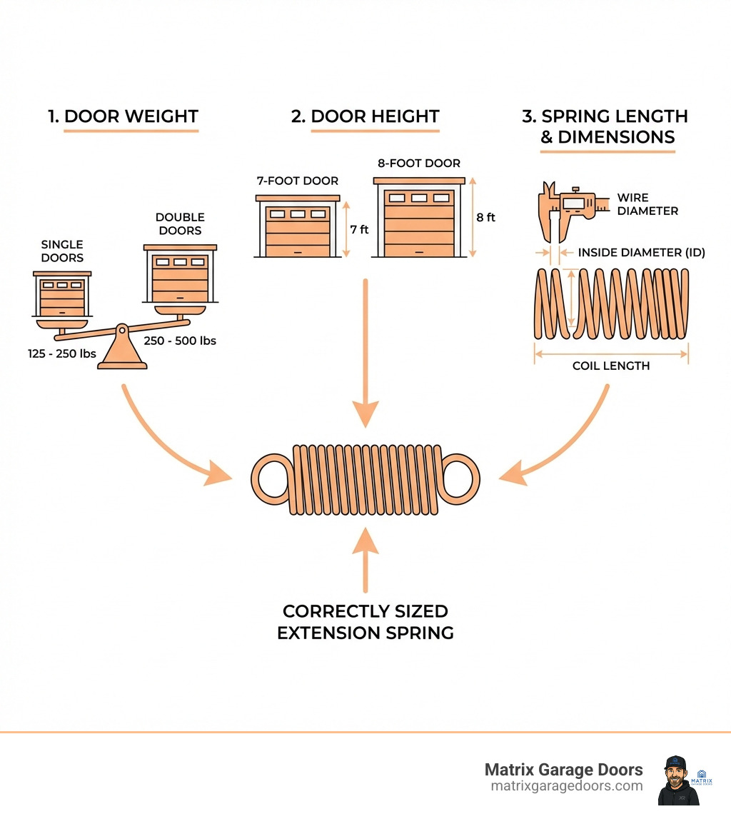 Infographic showing the three key factors for determining garage door extension spring replacement size: Door Weight shown on a scale with weight ranges for single doors (125-250 lbs) and double doors (250-500 lbs), Door Height illustrated with a 7-foot and 8-foot door comparison, and Spring Length depicted with measurements of wire diameter, inside diameter, and coil length, all connected by arrows pointing to a correctly sized extension spring - garage door extension spring replacement size infographic 