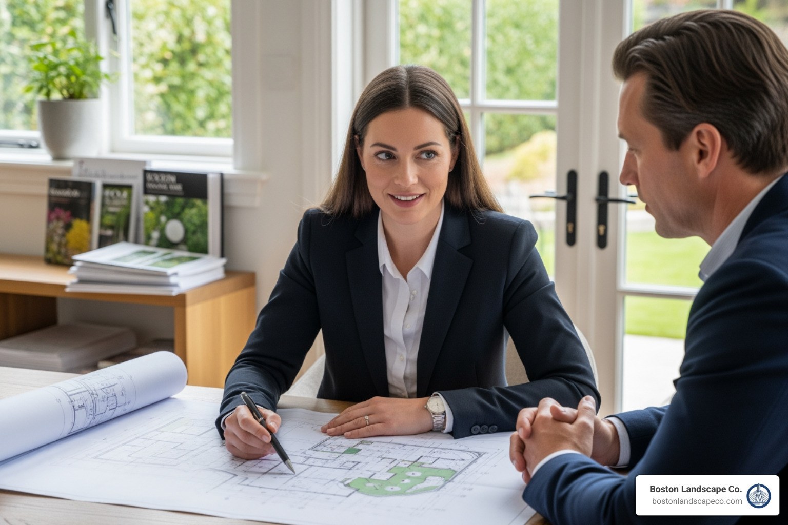 Landscape designer collaborating with homeowner over a blueprint - Landscape Design Services