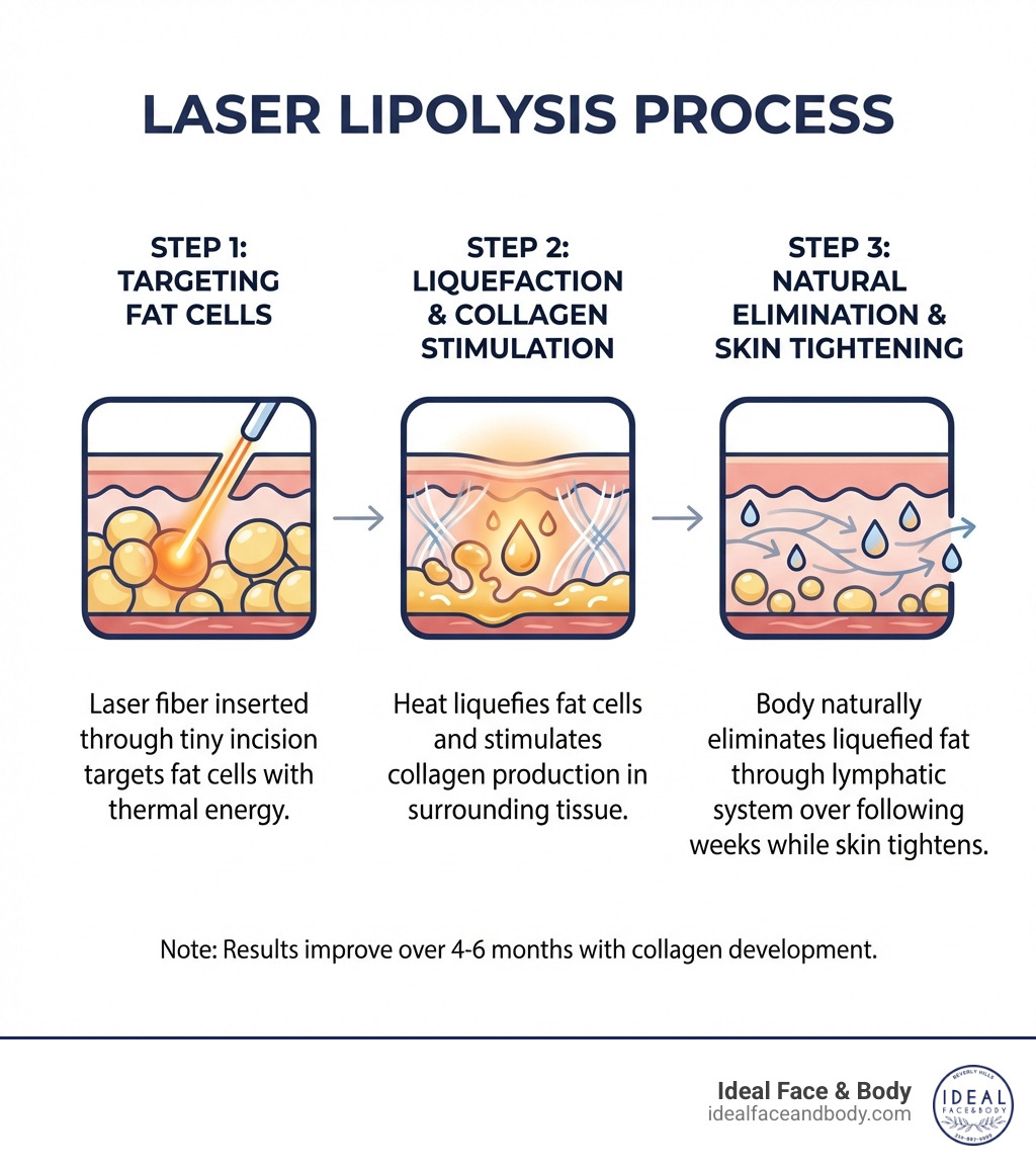 Infographic showing the laser lipolysis process: Step 1 - Laser fiber inserted through tiny incision targets fat cells with thermal energy; Step 2 - Heat liquefies fat cells and stimulates collagen production in surrounding tissue; Step 3 - Body naturally eliminates liquefied fat through lymphatic system over following weeks while skin tightens - laser lipolysis before and after infographic Infographic showing the laser lipolysis process: Step 1 - Laser fiber inserted through tiny incision targets fat cells with thermal energy; Step 2 - Heat liquefies fat cells and stimulates collagen production in surrounding tissue; Step 3 - Body naturally eliminates liquefied fat through lymphatic system over following weeks while skin tightens - laser lipolysis before and after infographic