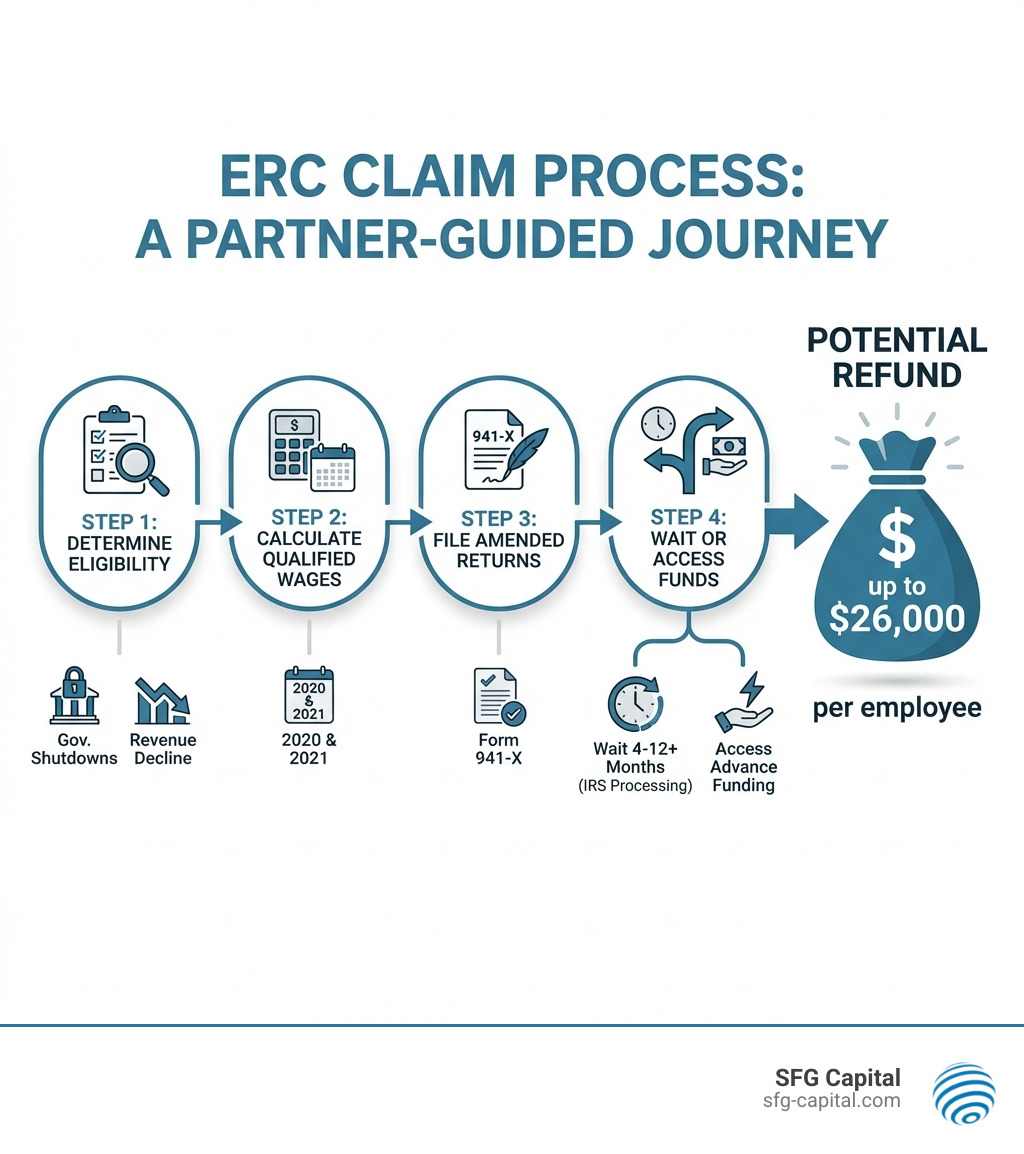 Infographic showing the ERC claim process: Step 1 - Determine eligibility based on government shutdowns or revenue decline; Step 2 - Calculate qualified wages for 2020 and 2021; Step 3 - File amended payroll tax returns using Form 941-X; Step 4 - Wait 4-12 months for IRS processing or access advance funding; Potential refund: up to $26,000 per employee - ERC processing company infographic Infographic showing the ERC claim process: Step 1 - Determine eligibility based on government shutdowns or revenue decline; Step 2 - Calculate qualified wages for 2020 and 2021; Step 3 - File amended payroll tax returns using Form 941-X; Step 4 - Wait 4-12 months for IRS processing or access advance funding; Potential refund: up to $26,000 per employee - ERC processing company infographic