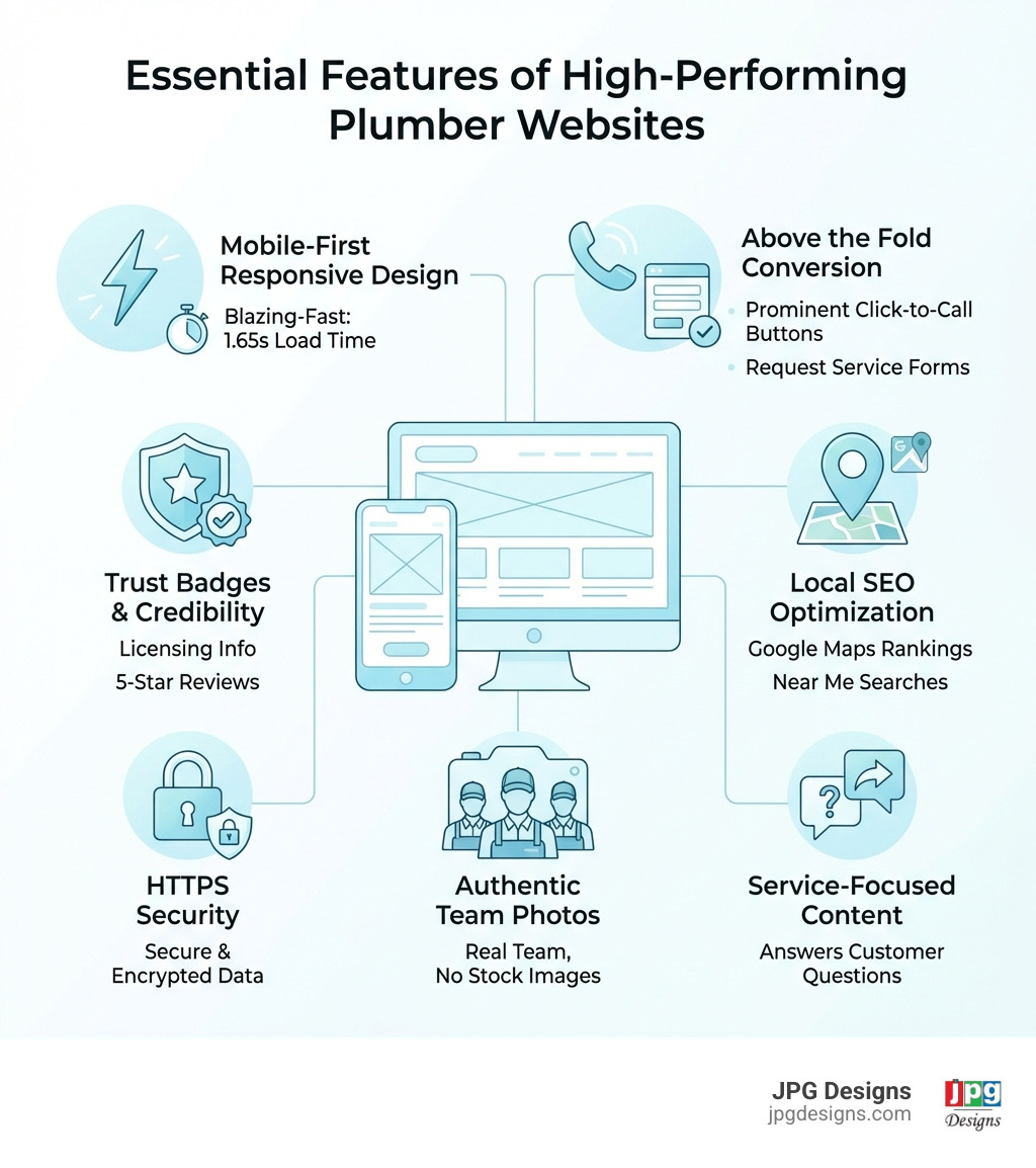 Infographic showing the essential features of high-performing plumber websites: mobile-first responsive design with 1.65 second load time, prominent click-to-call buttons and request service forms above the fold, trust badges including licensing and 5-star reviews, local SEO optimization for Google Maps rankings, HTTPS security, real team photos instead of stock images, and service-focused content answering customer questions - websites for plumbers infographic 