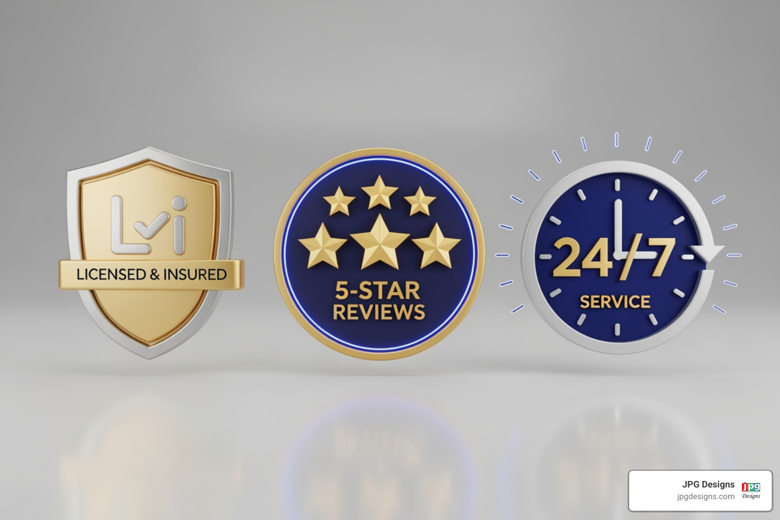 trust badges like "Licensed & Insured", "5-Star Reviews", and "24/7 Service" - websites for plumbers