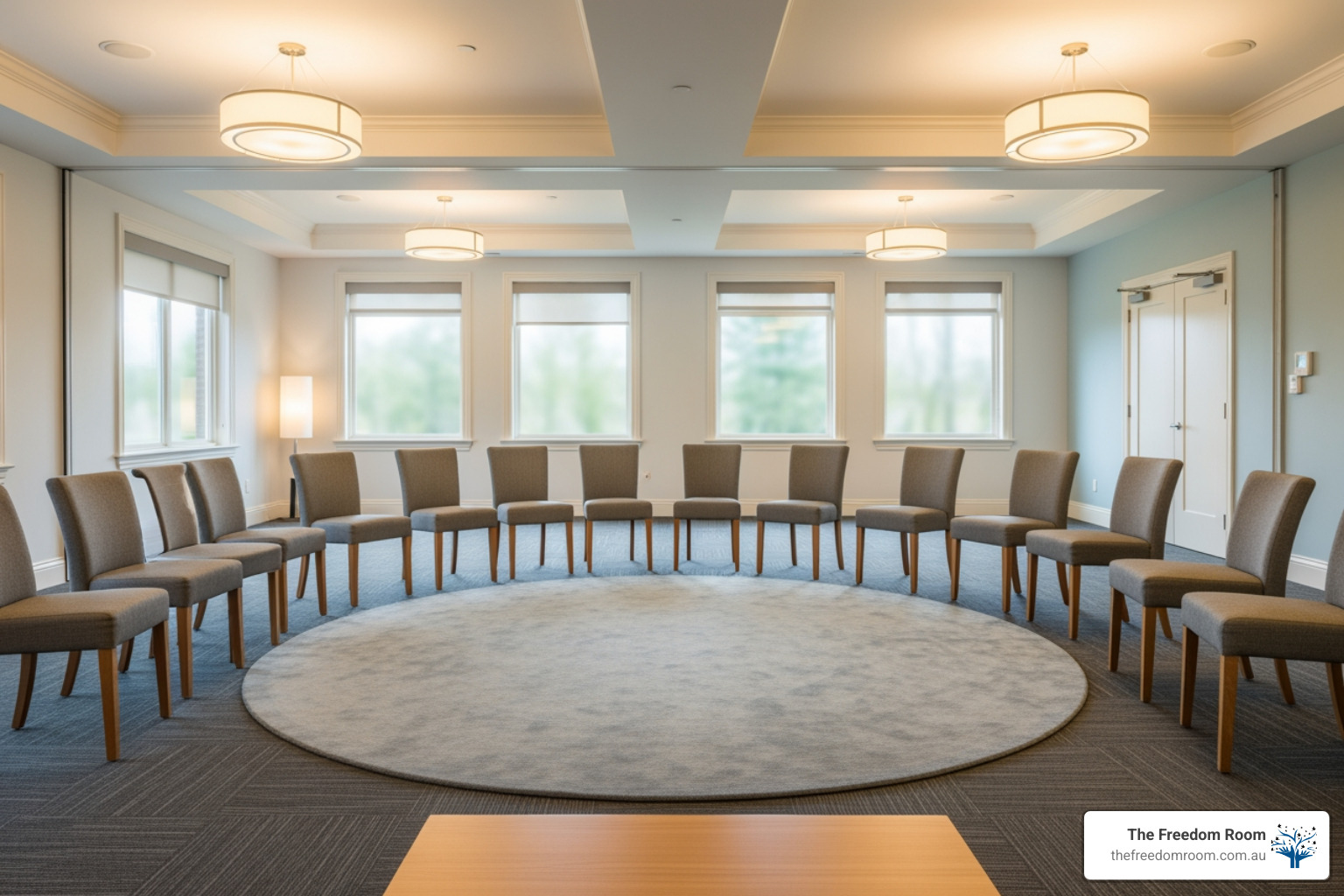 Calm, comfortable, and empty group meeting space with chairs in a circle - grief support groups
