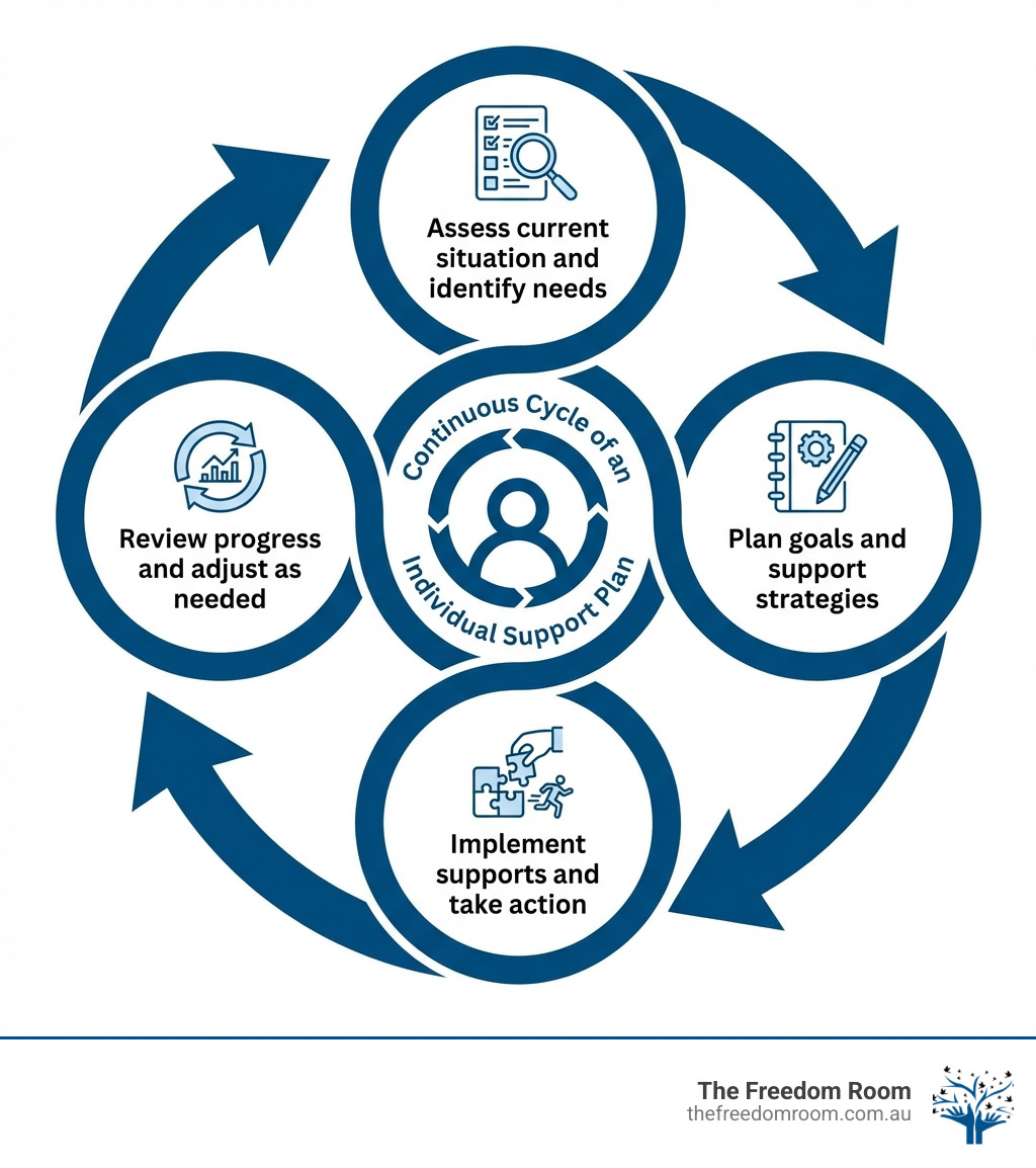 Visualising the iterative process of an individual support plan through review and adjustment.