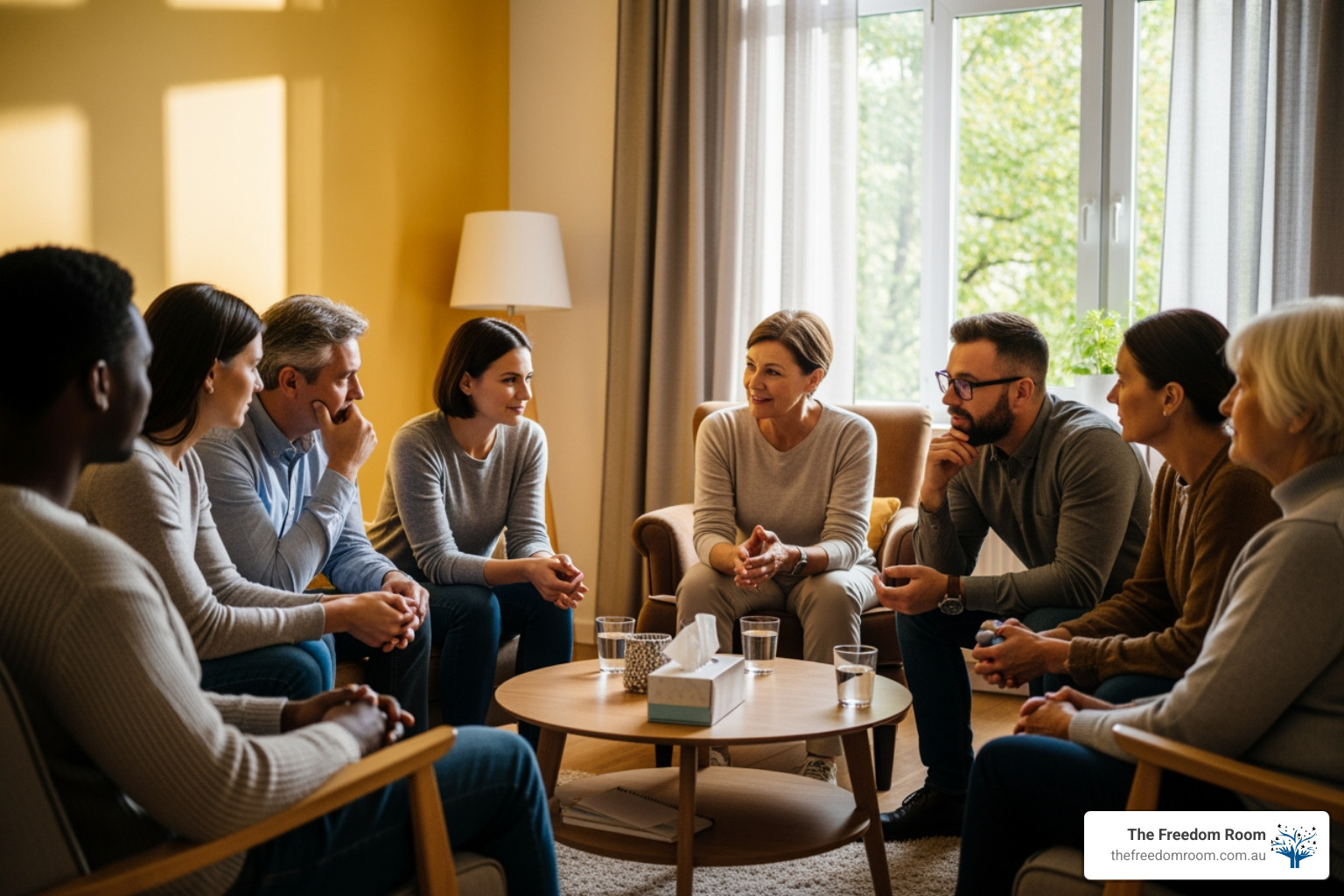 A supportive circle of individuals engaging in shared decision-making for an individual support plan.