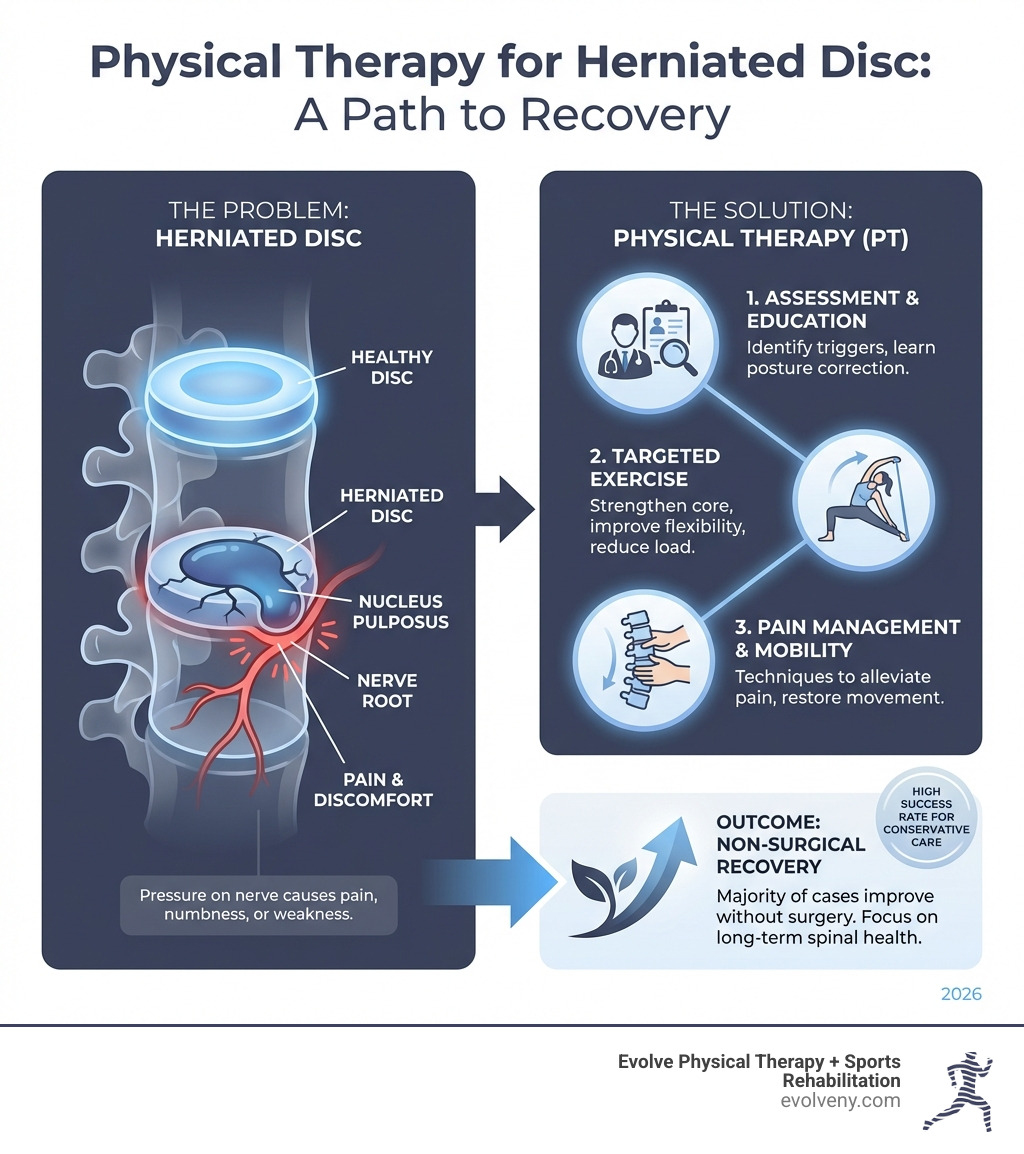 infographic showing the anatomy of a healthy spinal disc with its outer annulus fibrosus and inner nucleus pulposus, compared to a herniated disc where the nucleus has pushed through the outer layer and is pressing on a nearby nerve root, with labels indicating pain pathways and percentage statistics for recovery without surgery - is physical therapy good for herniated disc infographic 