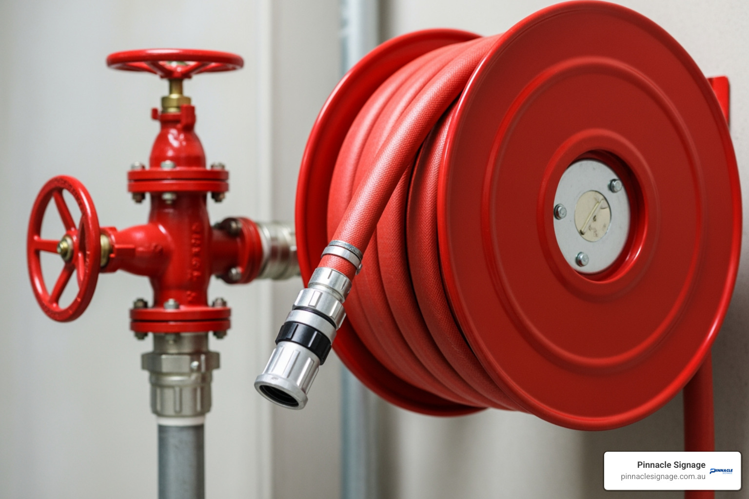 A professional Fire hose reel mounted next to a red high-pressure control valve in a building.