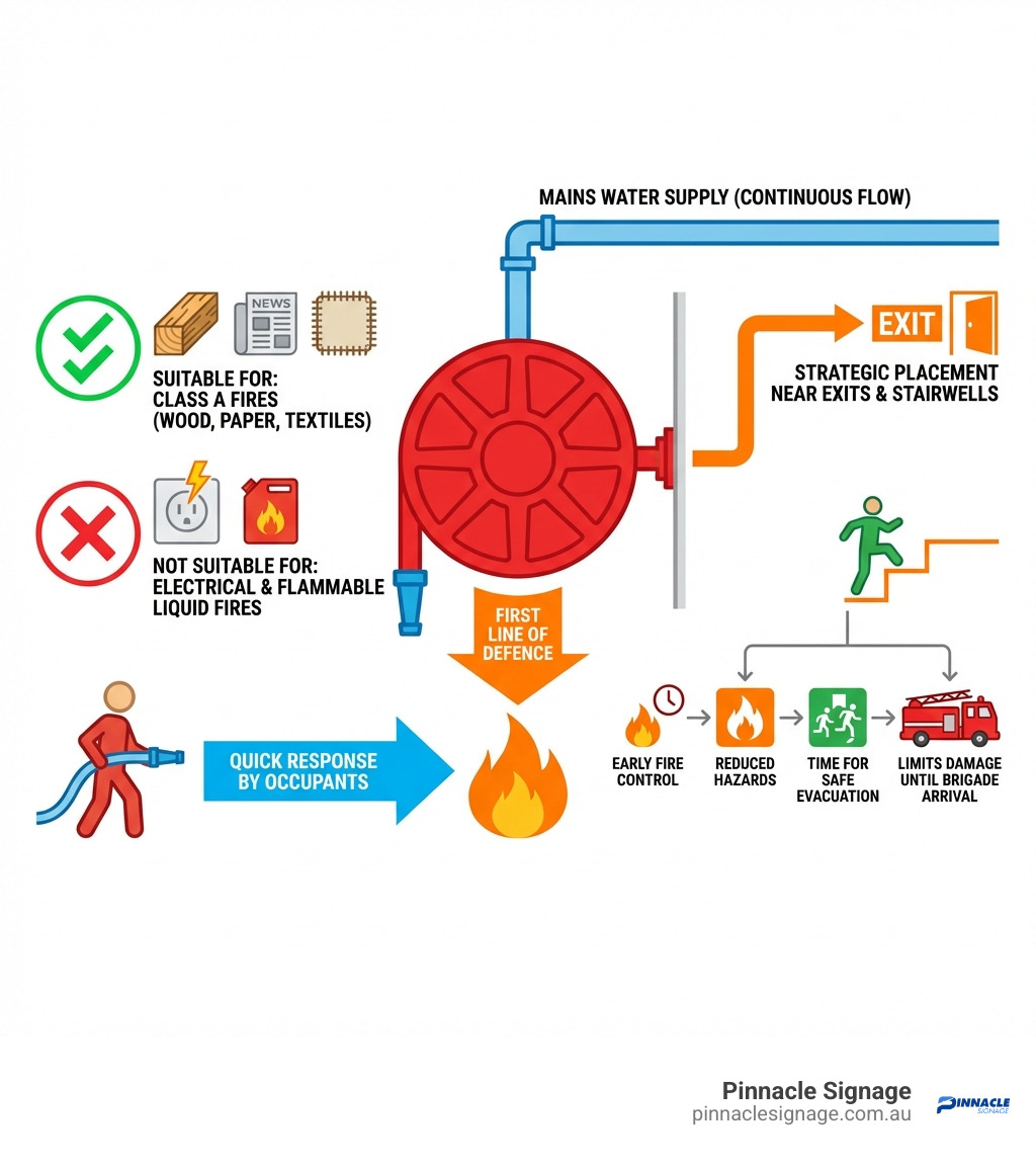 Infographic explaining the role of a fire hose reel in a building's fire safety ecosystem - Fire hose reel infographic 