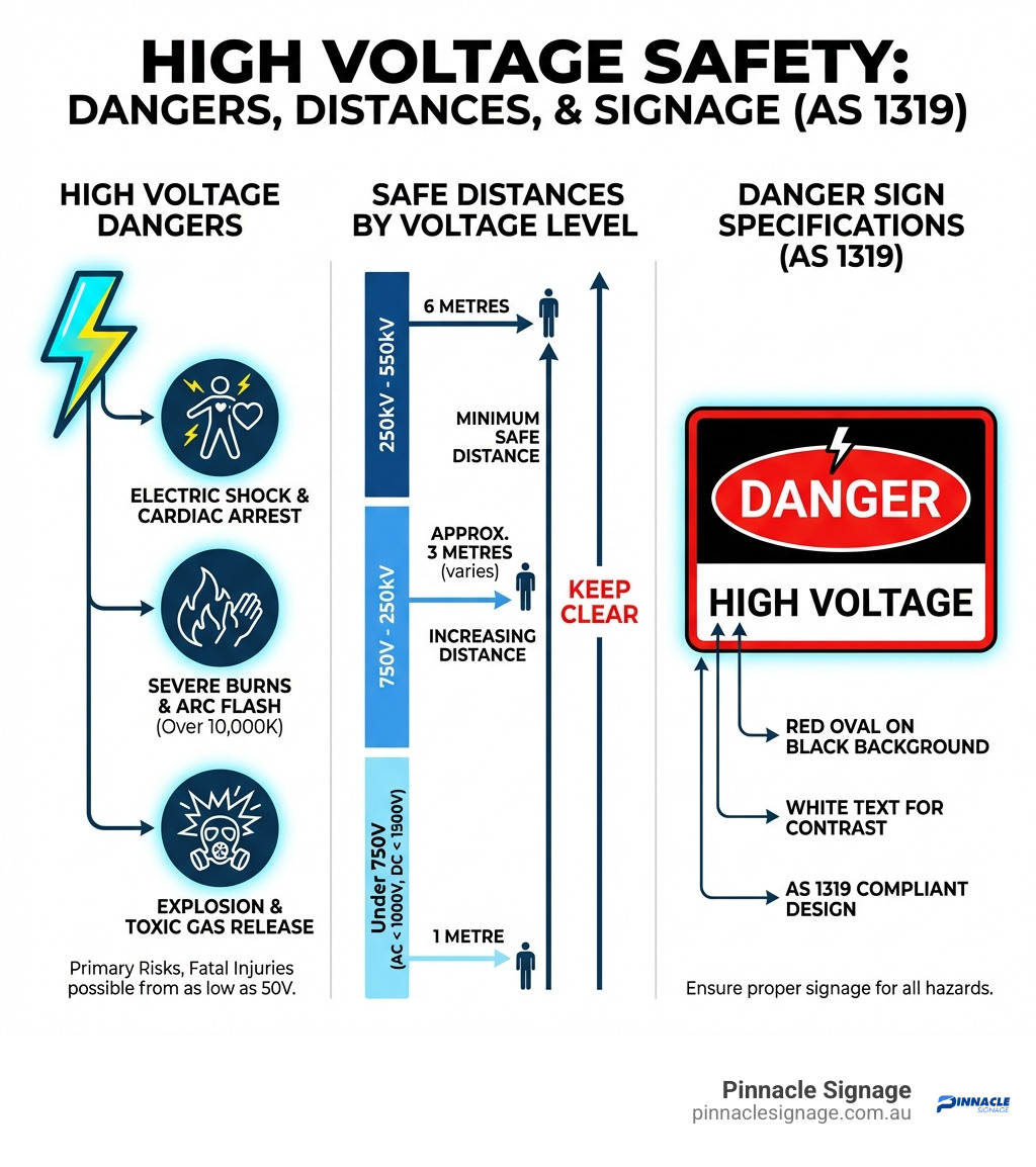 Educational infographic about danger high voltage risks, safe distances, and sign compliance.