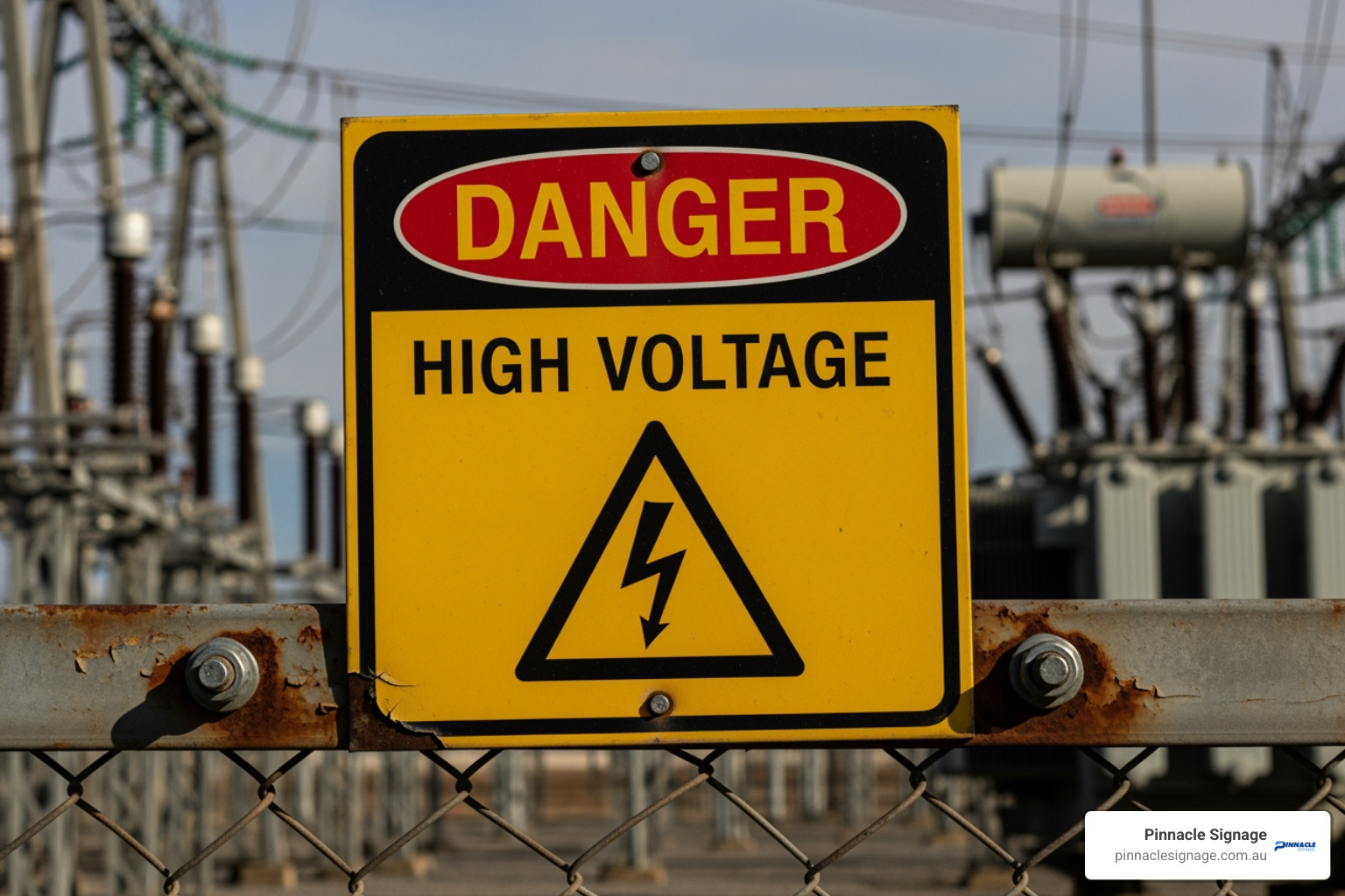 A yellow and black "danger high voltage" sign with a lightning bolt symbol on a chain-link fence.