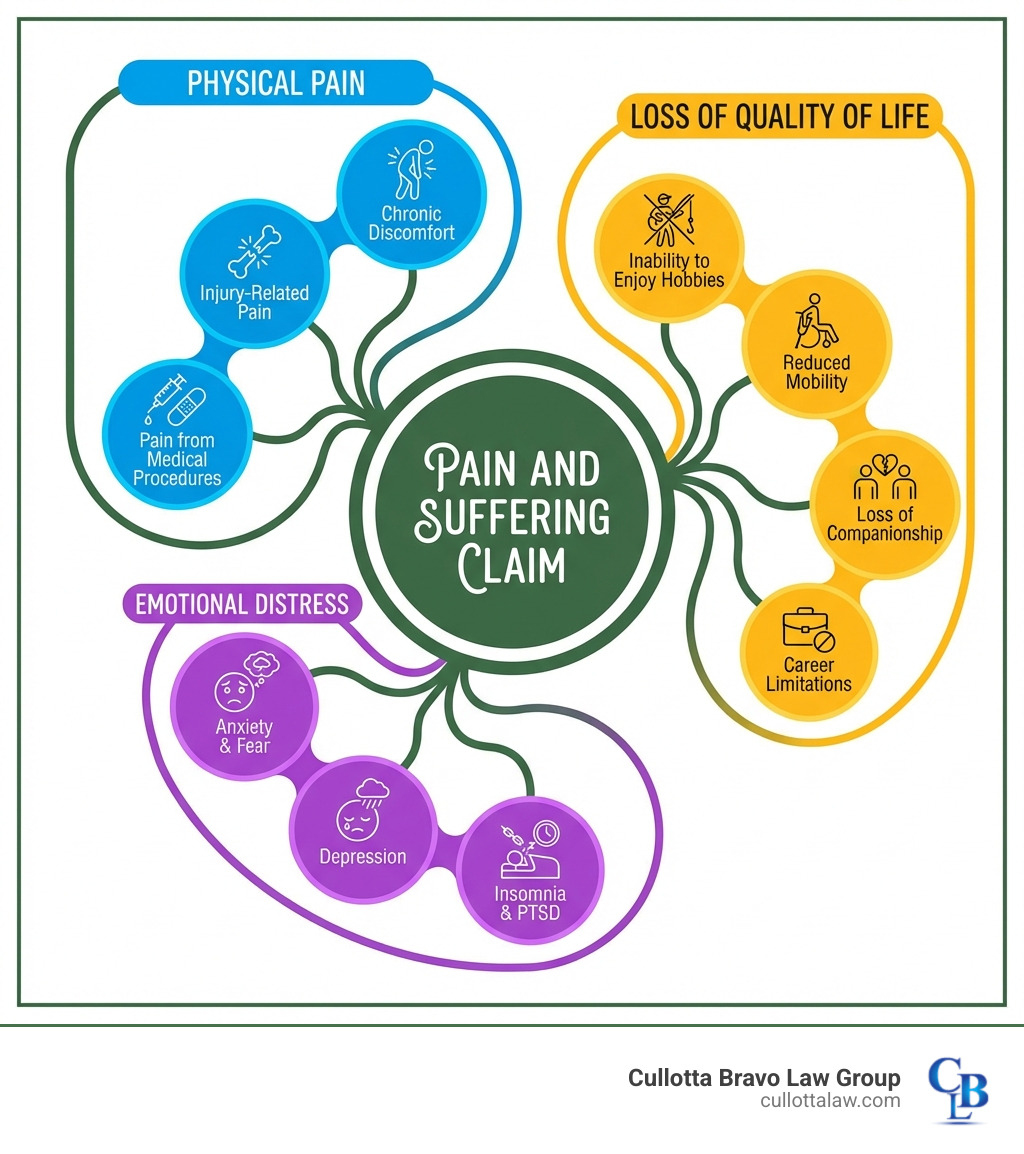 Infographic showing the components of a pain and suffering claim: Physical Pain (chronic discomfort, injury-related pain, pain from medical procedures), Emotional Distress (anxiety, depression, fear, insomnia, PTSD), and Loss of Quality of Life (inability to enjoy hobbies, reduced mobility, loss of companionship, career limitations). Each category branches from a central "Pain and Suffering Claim" hub. - Pain and suffering claim infographic 