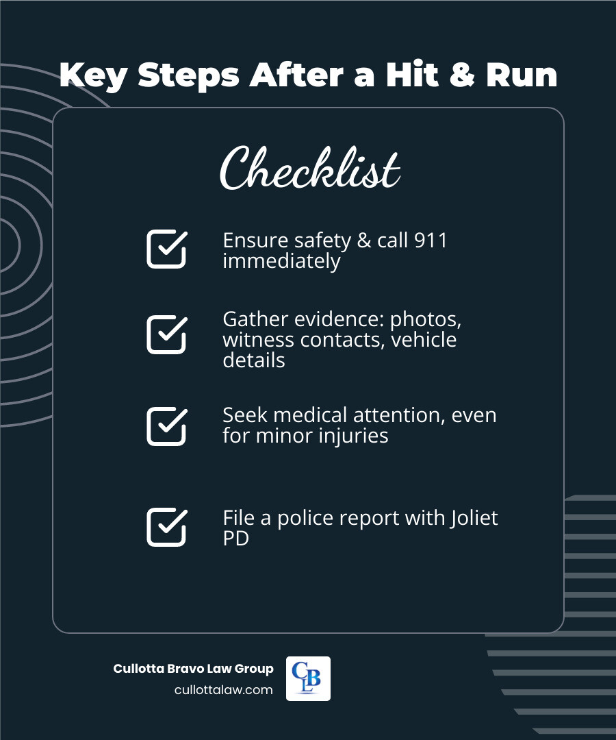 Infographic showing 5 immediate steps after a hit-and-run accident in Joliet: 1. Ensure safety and call 911, 2. Gather evidence (photos, witness contacts, vehicle descriptions), 3. Seek medical attention immediately, 4. File a police report with Joliet PD Traffic Unit (815-724-3010), 5. Contact an experienced personal injury attorney before speaking to insurance companies - Hit and run Joliet infographic checklist-dark-blue Infographic showing 5 immediate steps after a hit-and-run accident in Joliet: 1. Ensure safety and call 911, 2. Gather evidence (photos, witness contacts, vehicle descriptions), 3. Seek medical attention immediately, 4. File a police report with Joliet PD Traffic Unit (815-724-3010), 5. Contact an experienced personal injury attorney before speaking to insurance companies - Hit and run Joliet infographic checklist-dark-blue