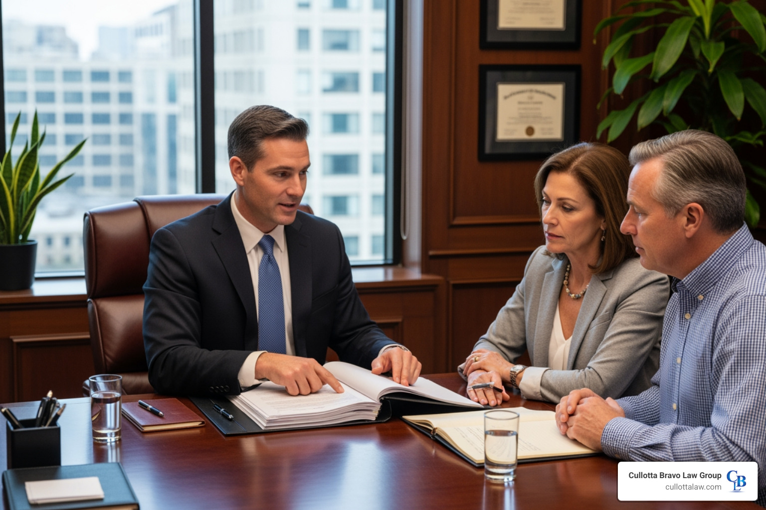 attorney reviewing legal documents with a couple in an office setting - Condominium law attorney