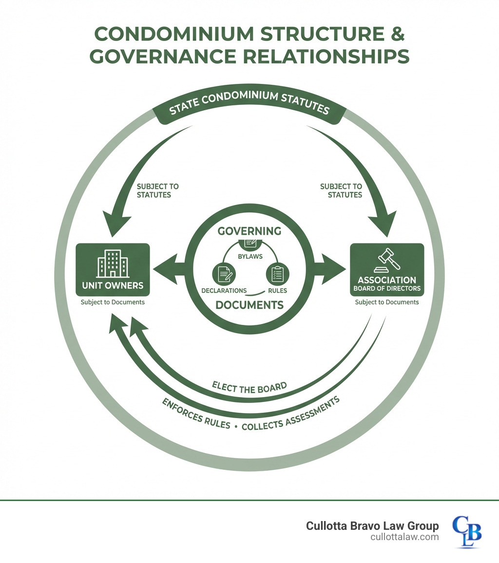Infographic showing the relationship between unit owners, the association board of directors, and governing documents in a condominium structure, with arrows indicating how bylaws and declarations govern both parties, how owners elect the board, how the board enforces rules and collects assessments, and how both are subject to state condominium statutes - Condominium law attorney infographic 