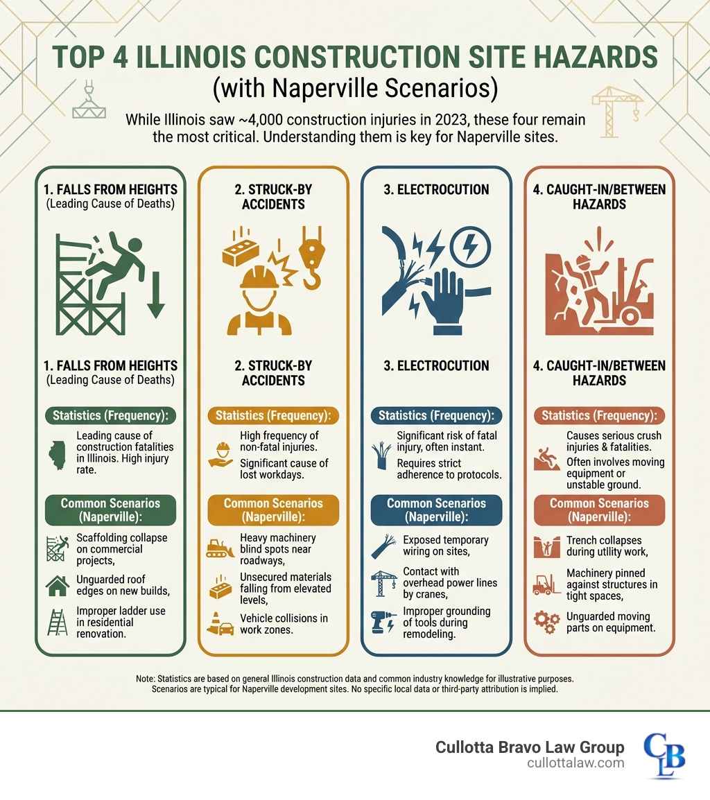 Infographic showing the top 4 construction site hazards in Illinois: 1) Falls from heights (leading cause of construction deaths), 2) Struck-by accidents from heavy machinery or falling objects, 3) Electrocution from exposed wiring or improper grounding, 4) Caught-in/between hazards from collapsing trenches or machinery. Each hazard includes statistics on injury frequency and common scenarios where these accidents occur on Naperville construction sites. - construction injury lawyers in naperville infographic 