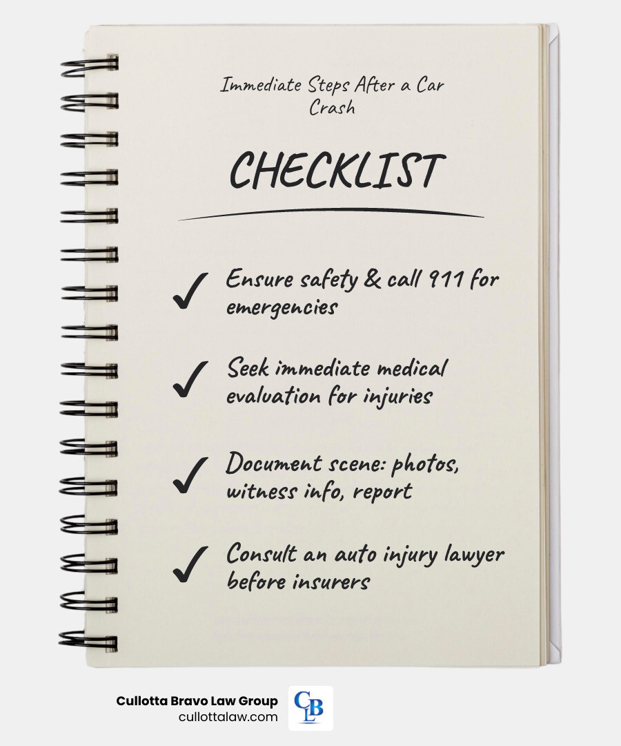 infographic showing 5 immediate steps after a car crash: 1. Ensure safety and call 911, 2. Seek medical attention immediately, 3. Document the accident scene with photos, 4. Gather witness contact information, 5. Contact an experienced auto injury lawyer before speaking to insurance companies - auto injury lawyers near me infographic checklist-notebook