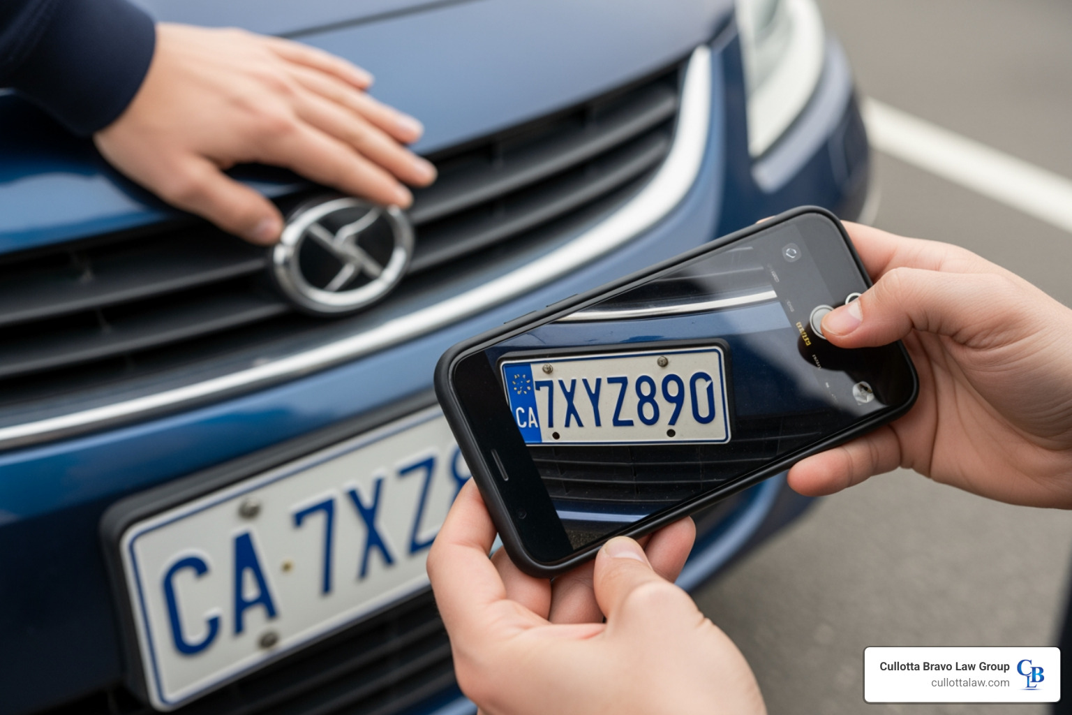 person taking photos of car damage and license plates with a smartphone - auto injury lawyers near me