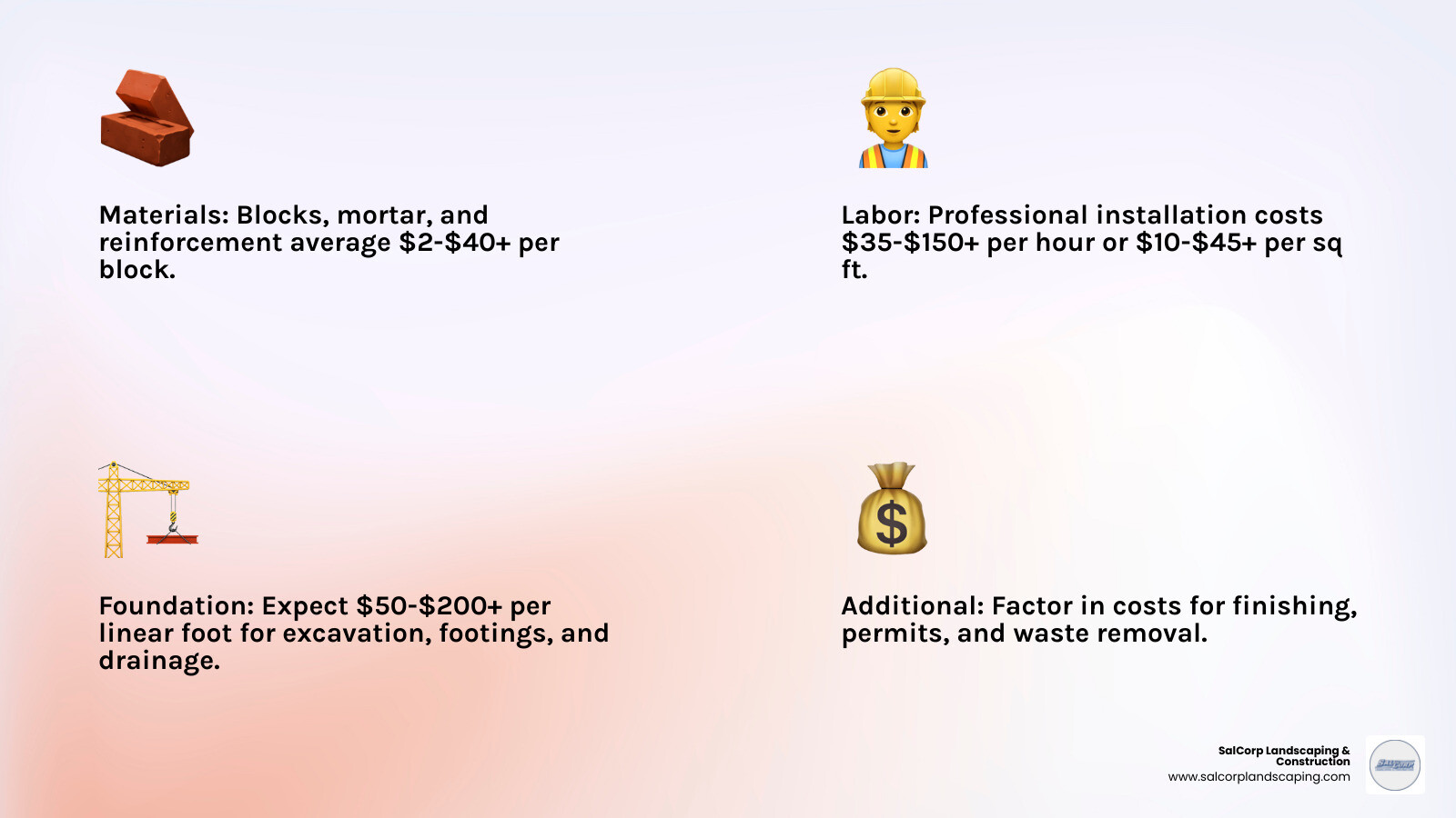 Breeze Block Wall Cost Factors Infographic showing: Materials (blocks, mortar, reinforcement), Labor (installation, hourly rates), Foundation (excavation, footings, drainage), and Additional Costs (finishing, permits, waste removal) - cost of building a breeze block garden wall infographic 4_facts_emoji_light-gradient