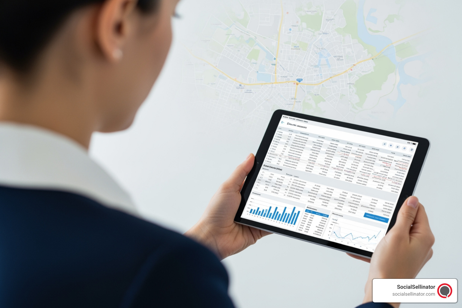 person reviewing a budget on a tablet with a local map in the background - affordable local seo services