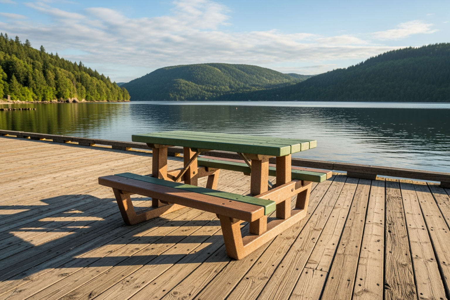 recycled plastic picnic table on a waterfront boardwalk - site furnishings supply