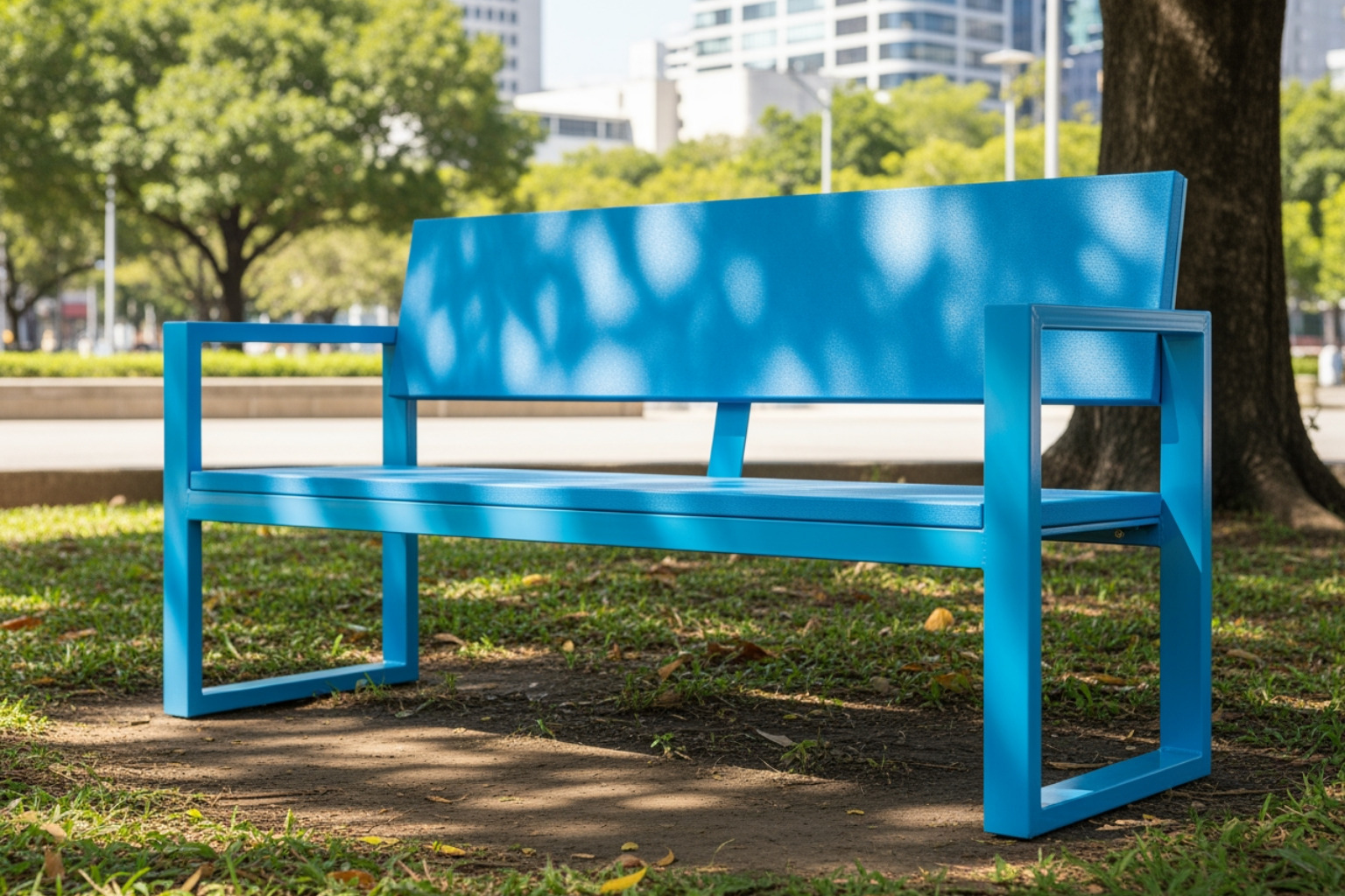 powder-coated steel bench with a thermoplastic finish in a vibrant color - site furnishings supply
