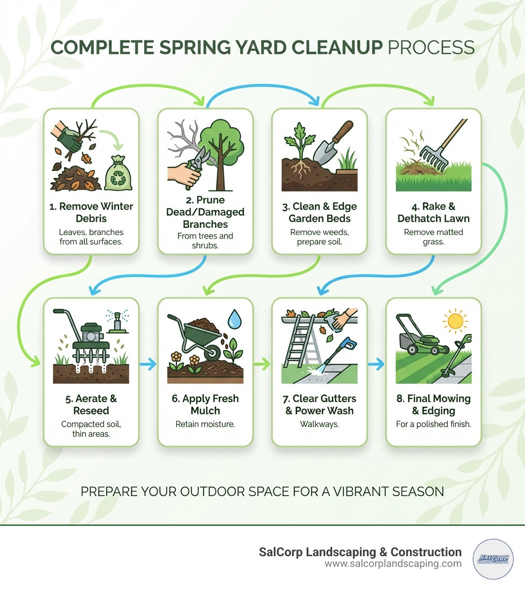 Infographic showing the complete spring yard cleanup process: Step 1 - Remove winter debris including leaves and branches from all surfaces; Step 2 - Prune dead or damaged branches from trees and shrubs; Step 3 - Clean and edge garden beds, removing weeds and preparing soil; Step 4 - Rake and dethatch lawn areas to remove matted grass; Step 5 - Aerate compacted soil and reseed thin areas; Step 6 - Apply fresh mulch to retain moisture; Step 7 - Clear gutters and power wash walkways; Step 8 - Final mowing and edging for a polished finish - yard spring cleaning services infographic 