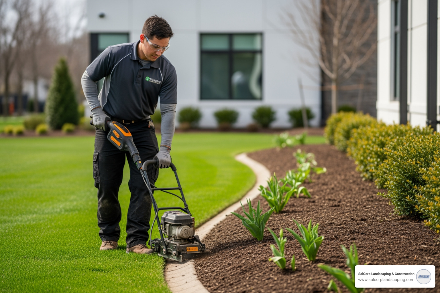 SalCorp Landscaping crew neatly edging a flower bed - yard spring cleaning services