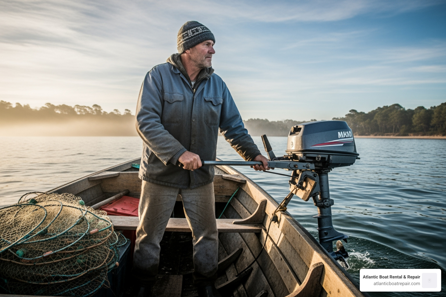 fisherman on a small boat with a tiller outboard - 2 stroke outboard